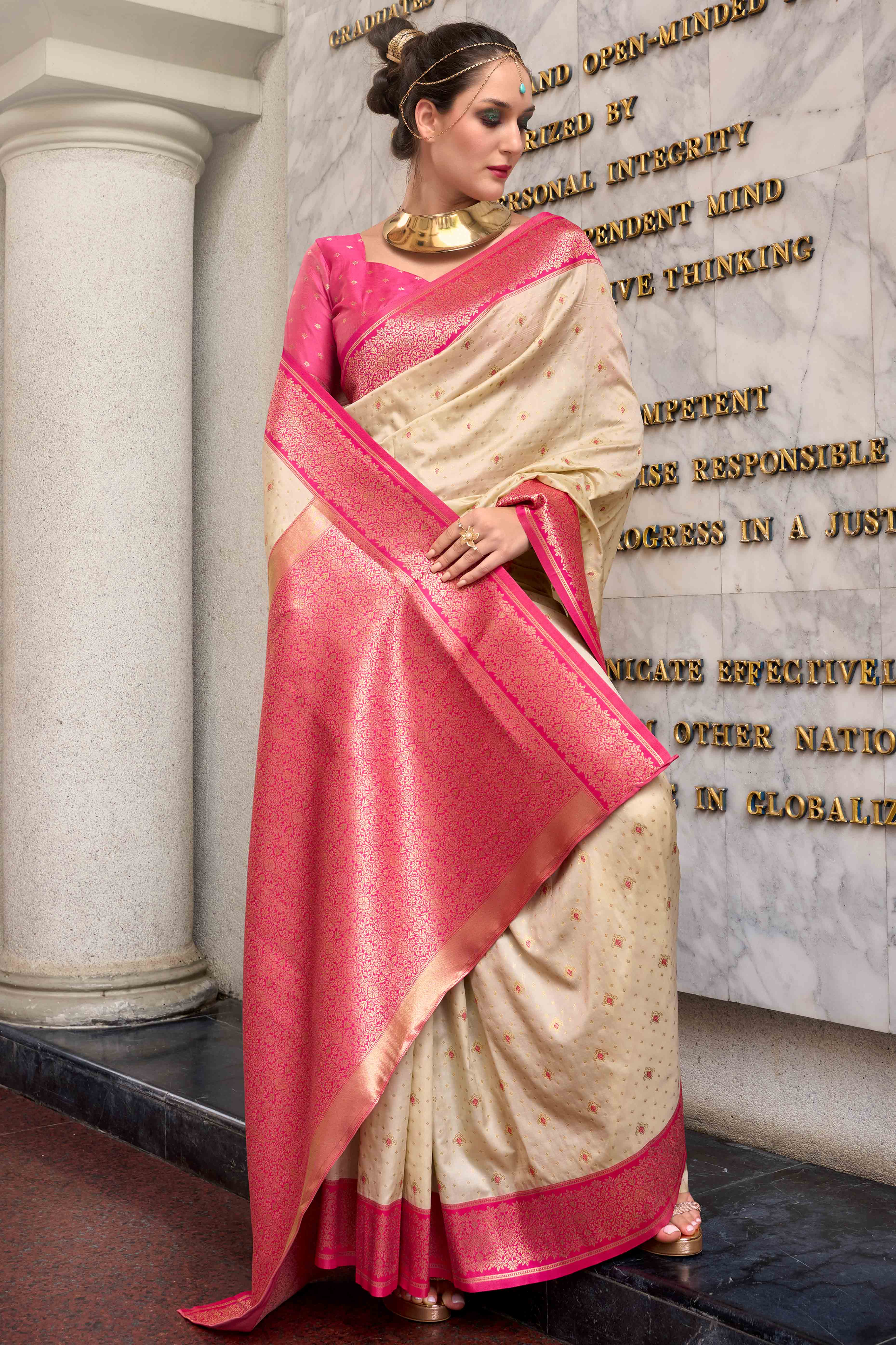 Beige Floral Woven Pure Silk Saree