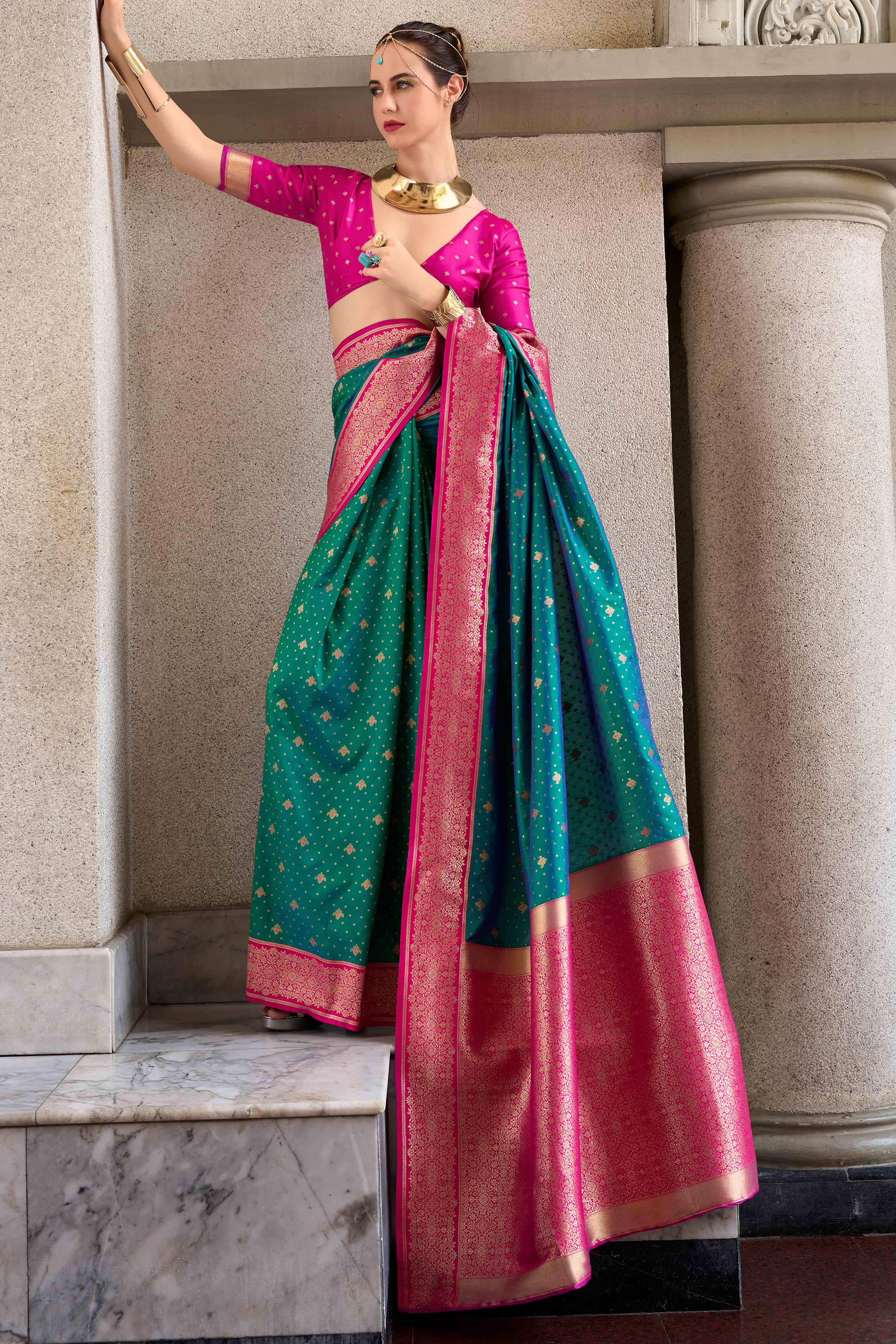 Rama Green Floral Woven Pure Silk Saree