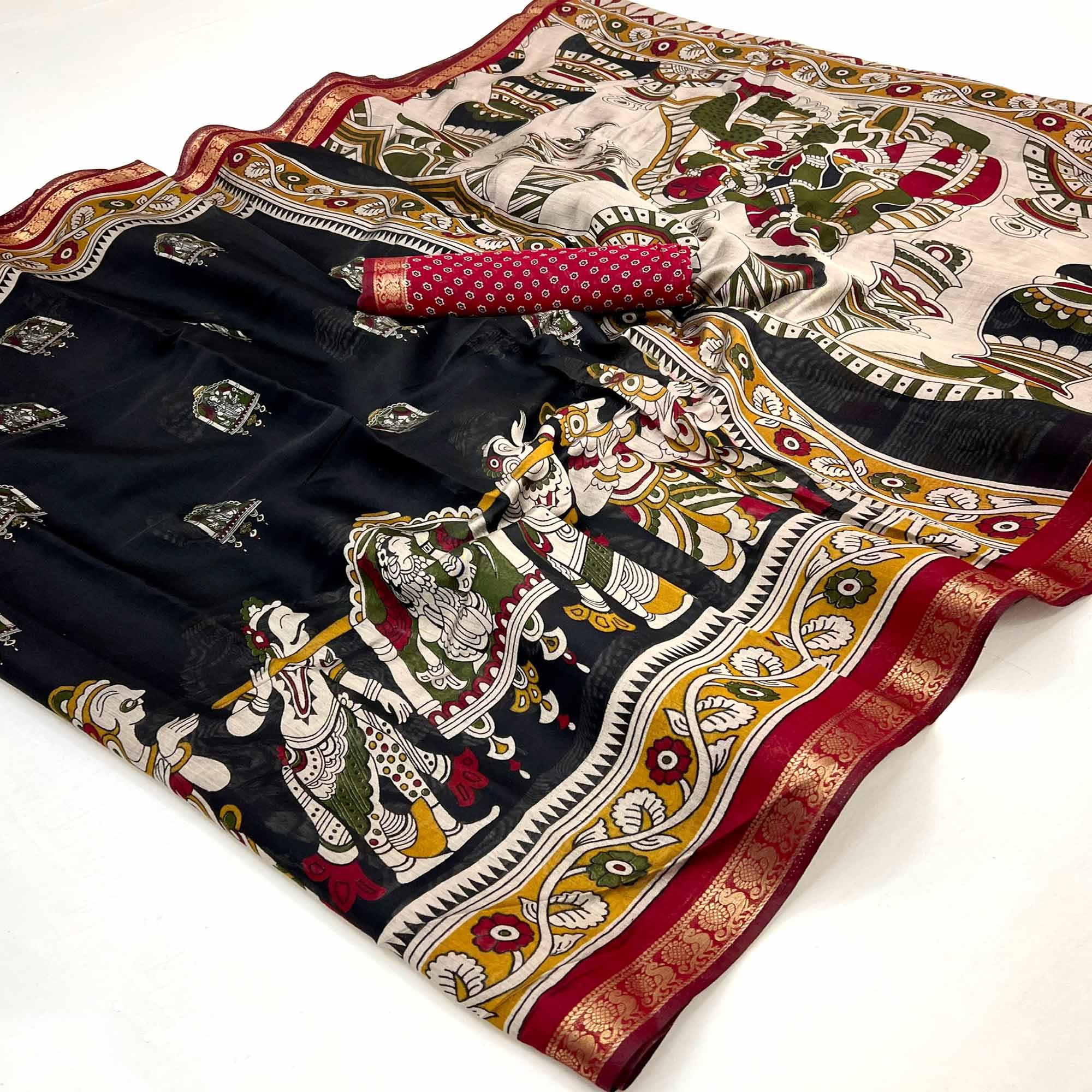 Mangalagiri Cotton Silk Saree in Black with Artistic Pattachitra Prints
