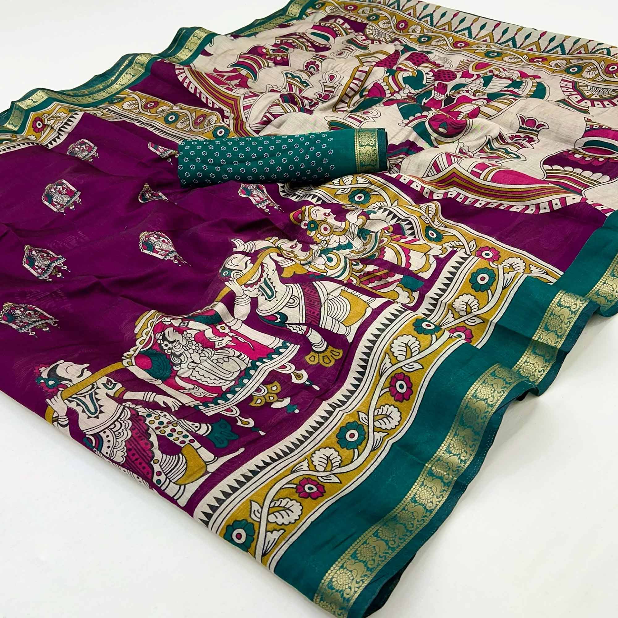 Mangalagiri Cotton Silk Saree in Purple with Artistic Pattachitra Prints
