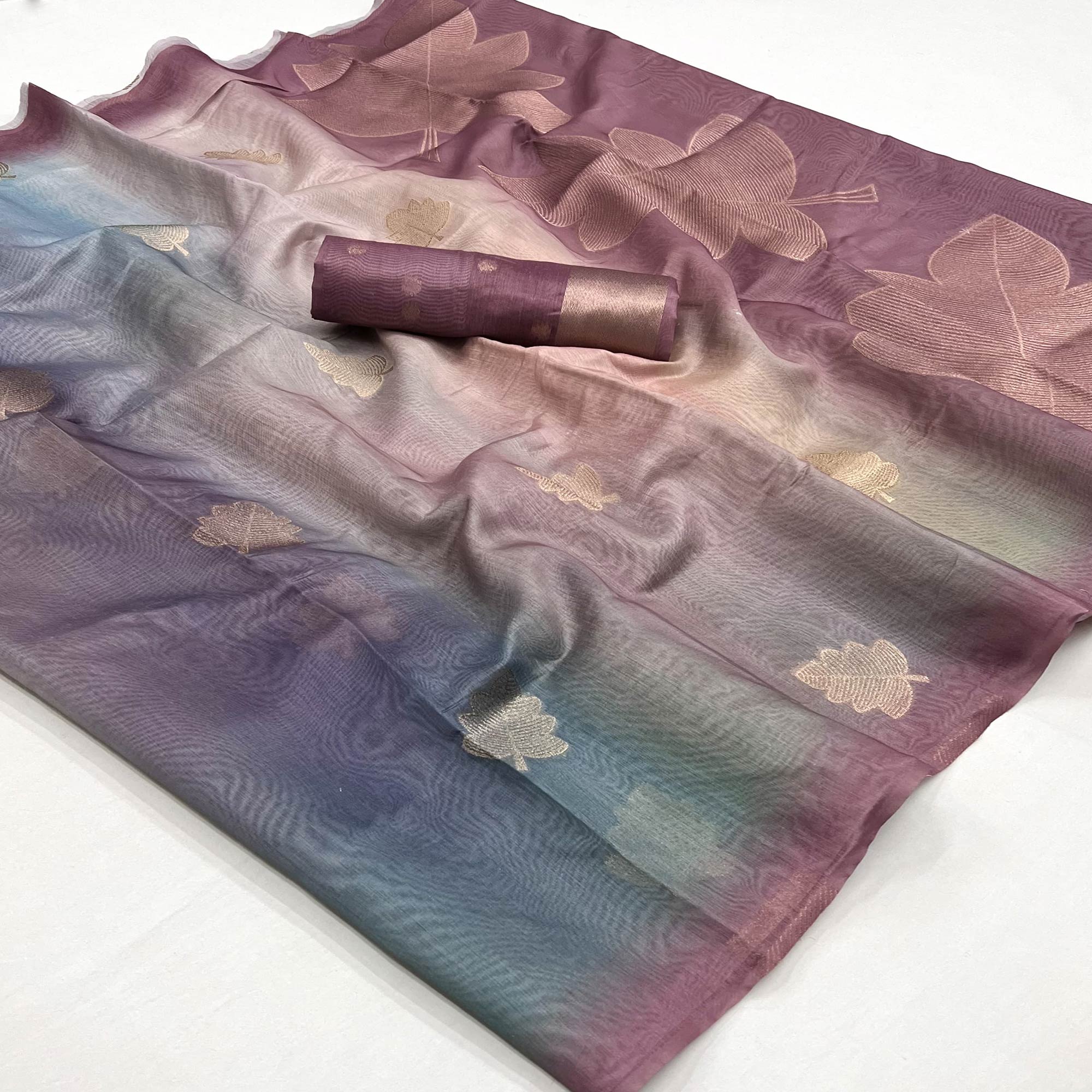 Wine Silk Blend Saree With Intricate Zari Leaf Motifs