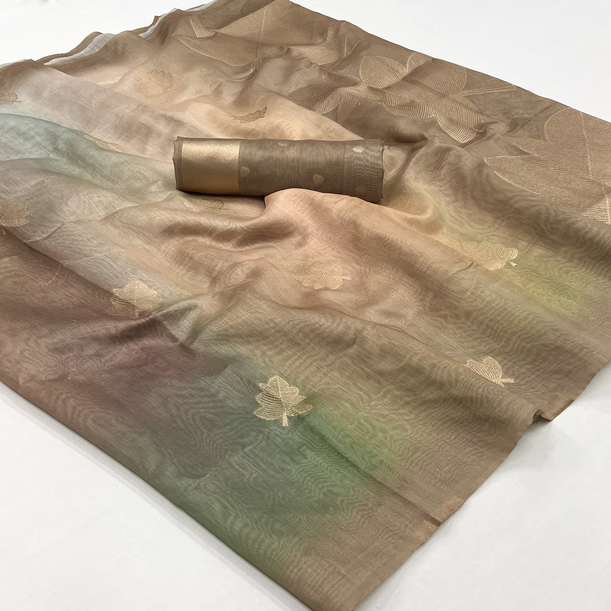 Chikoo Silk Blend Saree With Intricate Zari Leaf Motifs