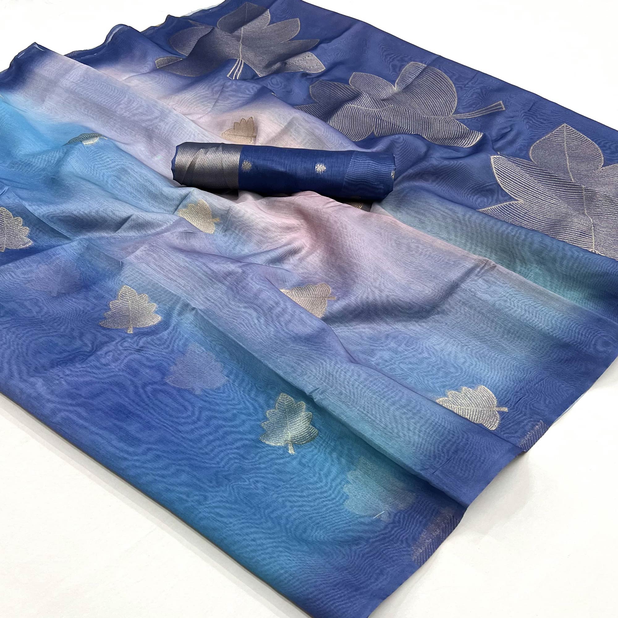 Blue Silk Blend Saree With Intricate Zari Leaf Motifs