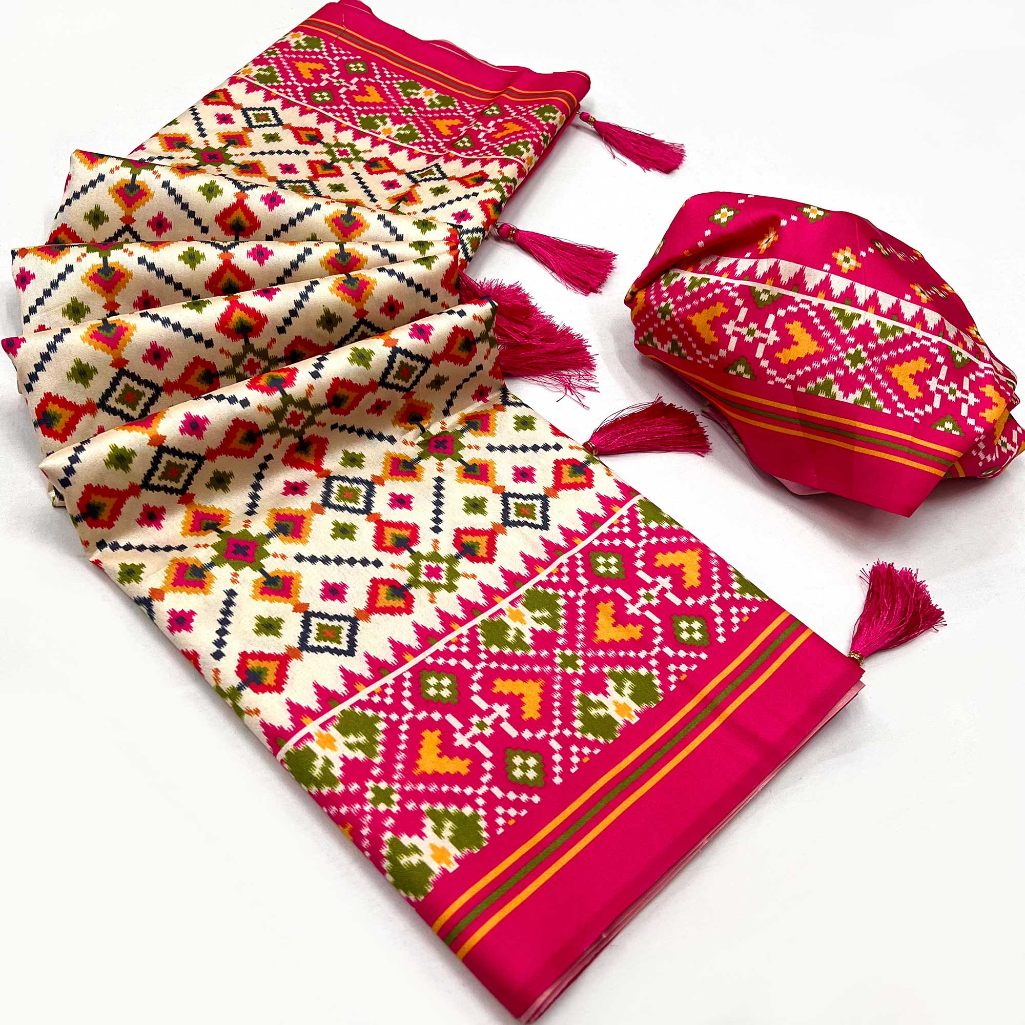 Off White Patola Printed Tussar Silk Saree With Tassels