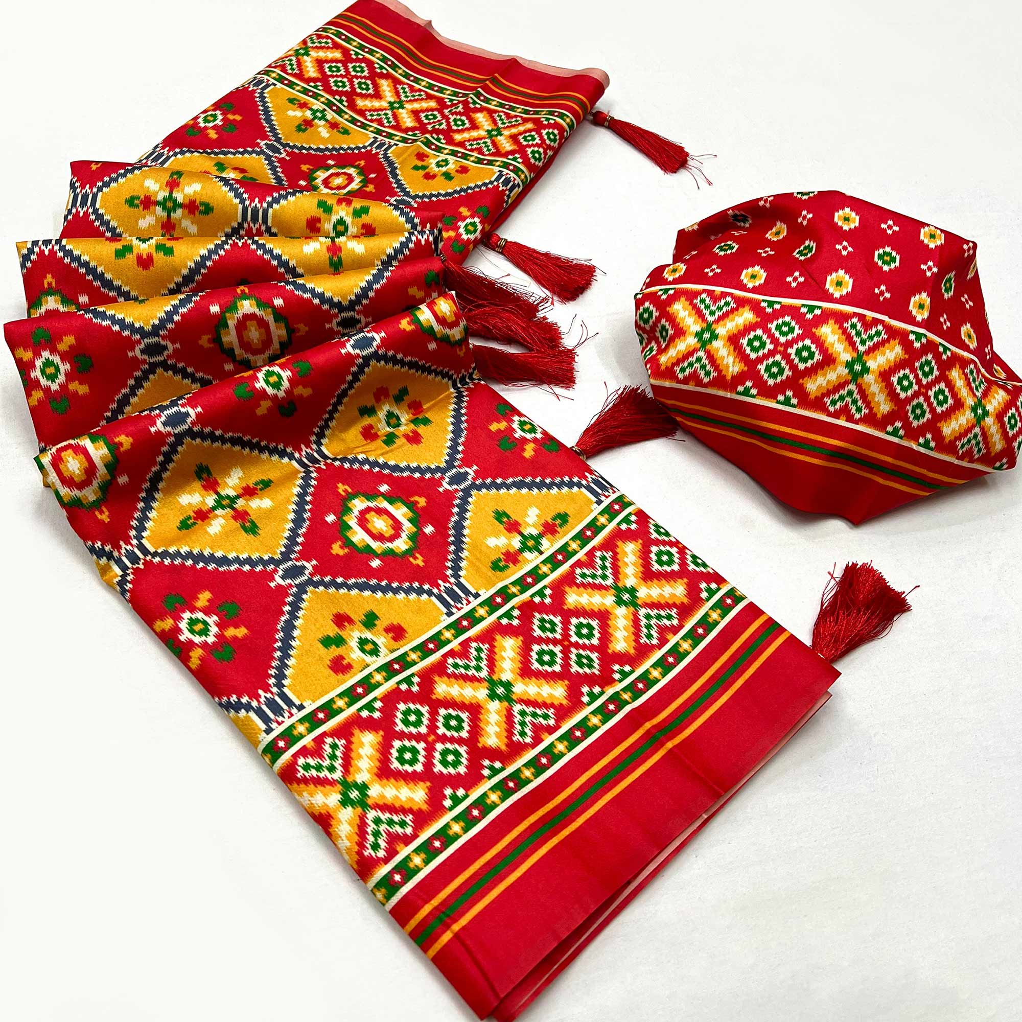 Red & Yellow Patola Printed Tussar Silk Saree With Tassels