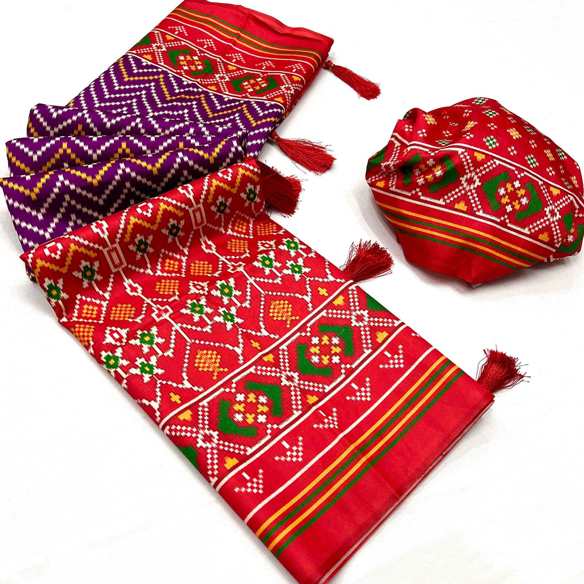 Purple & Red Patola Printed Tussar Silk Saree With Tassels