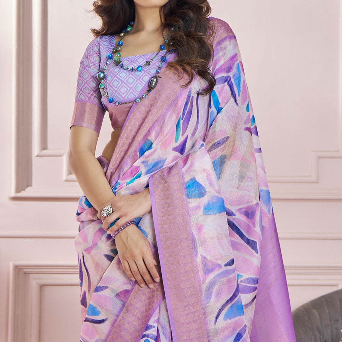 Purple Printed Woven Soft Banarasi Silk Saree