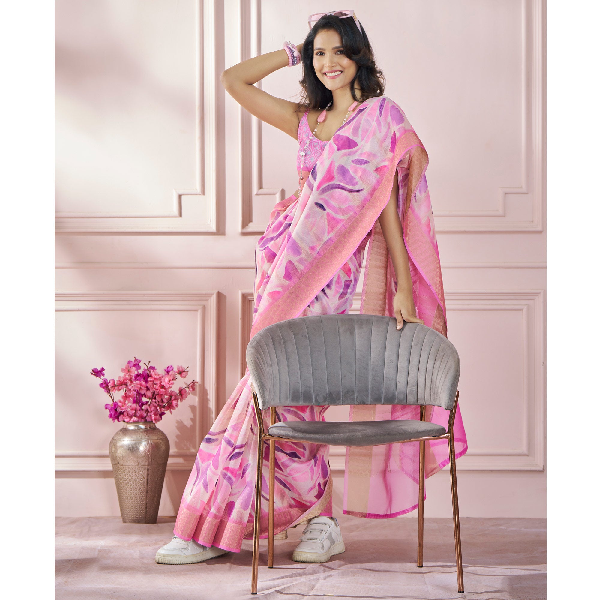 Pink Printed Woven Soft Banarasi Silk Saree