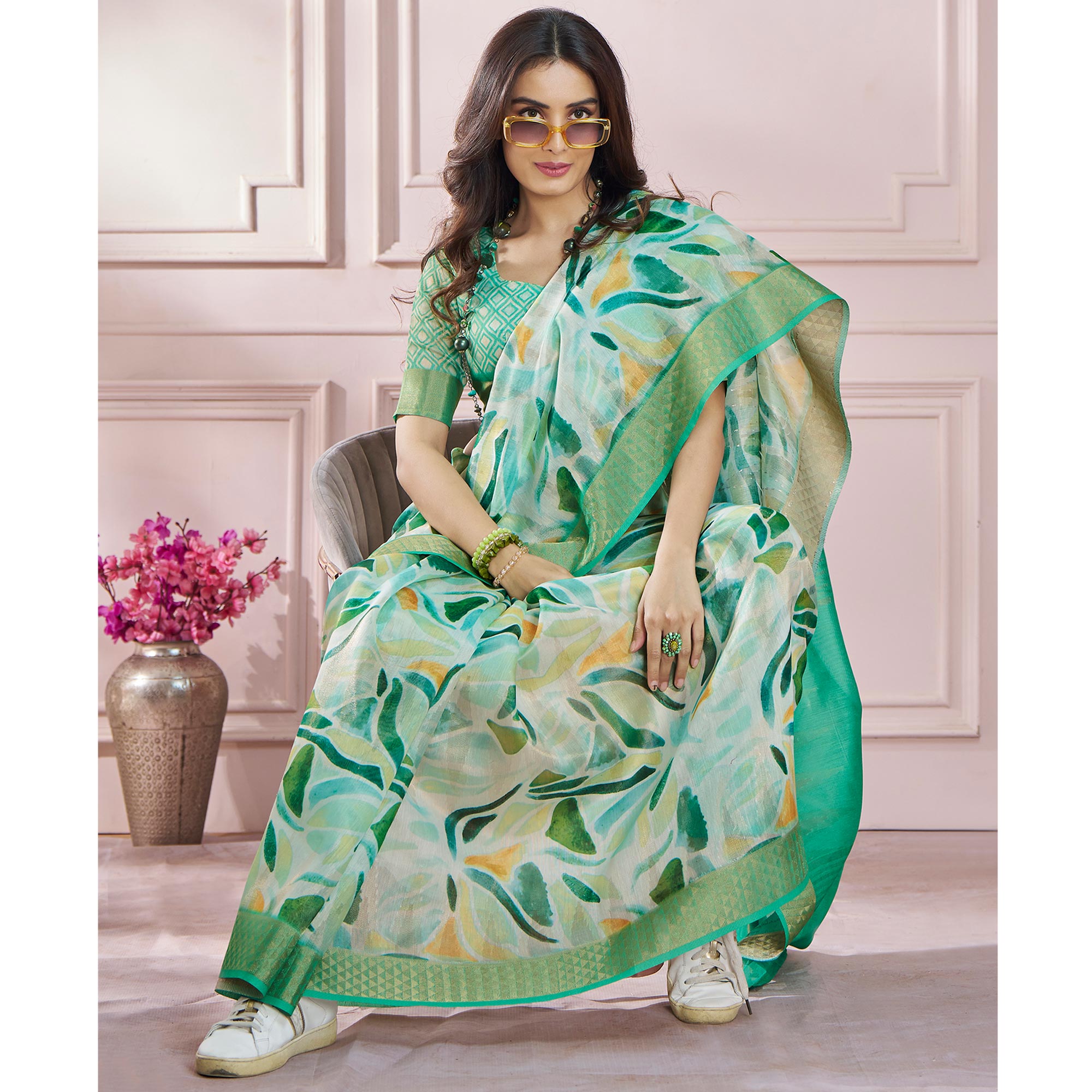 Green Printed Woven Soft Banarasi Silk Saree