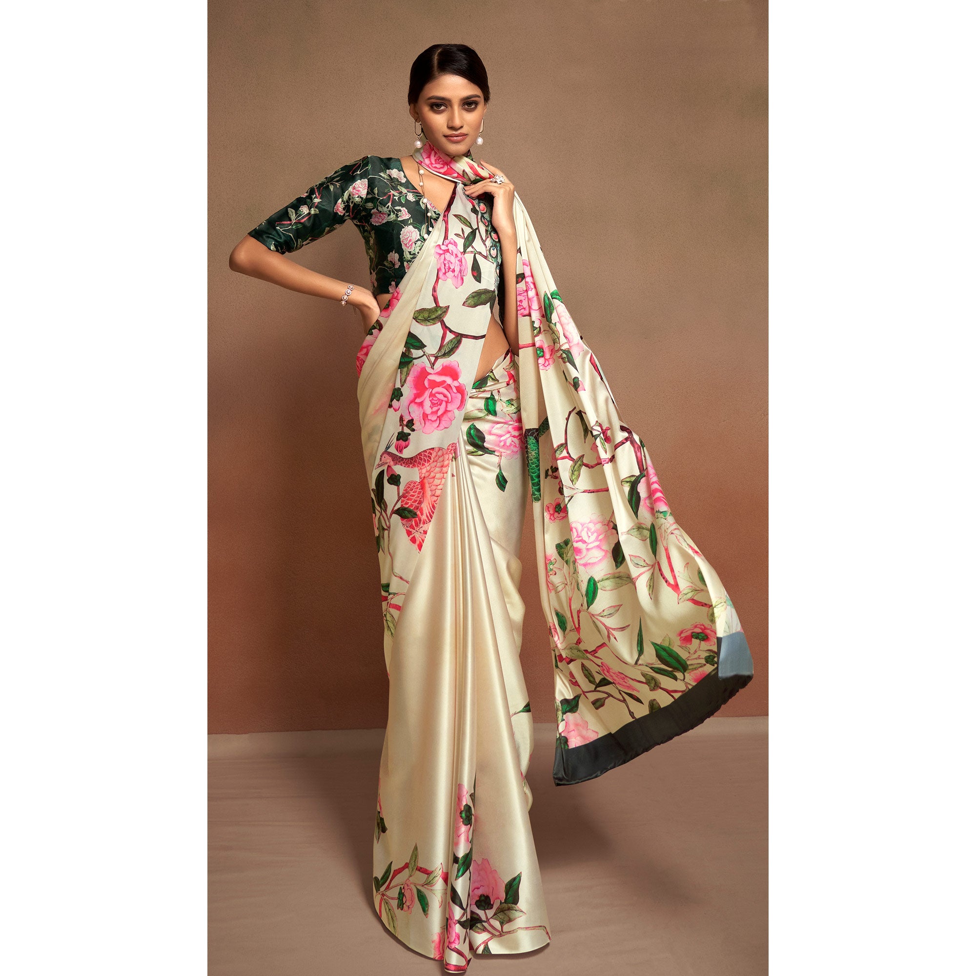 Beige Digital Printed Satin Saree