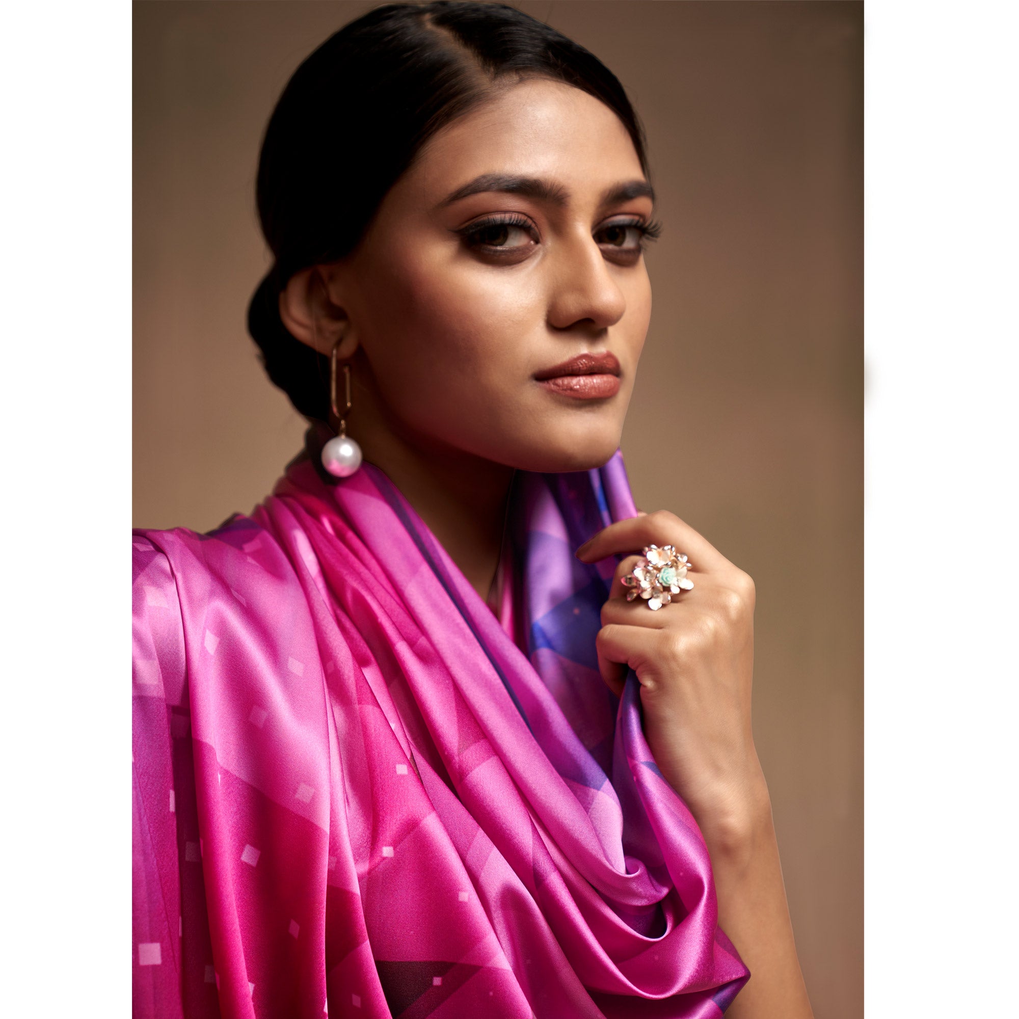 Pink Digital Printed Satin Saree