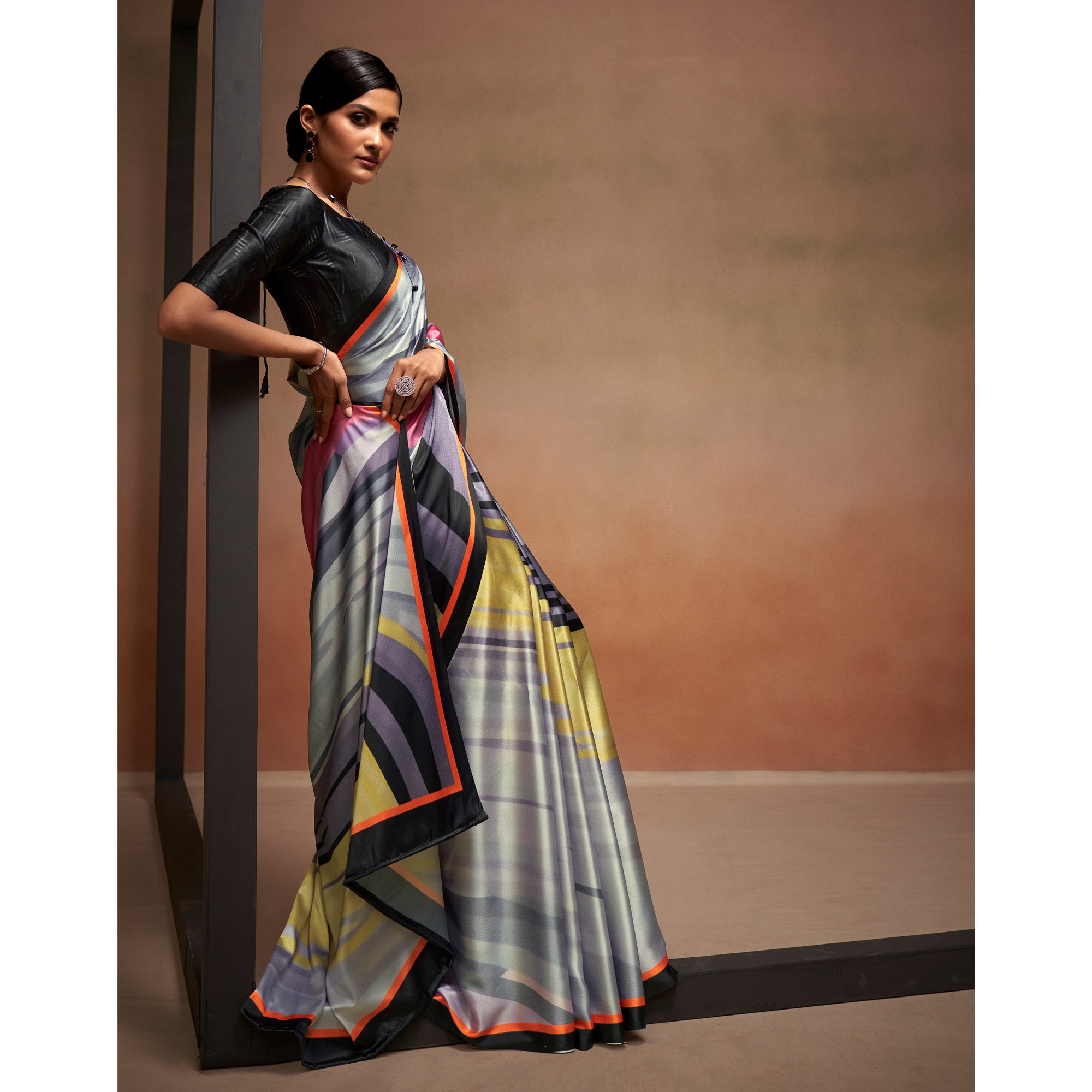 Grey Digital Printed Satin Saree