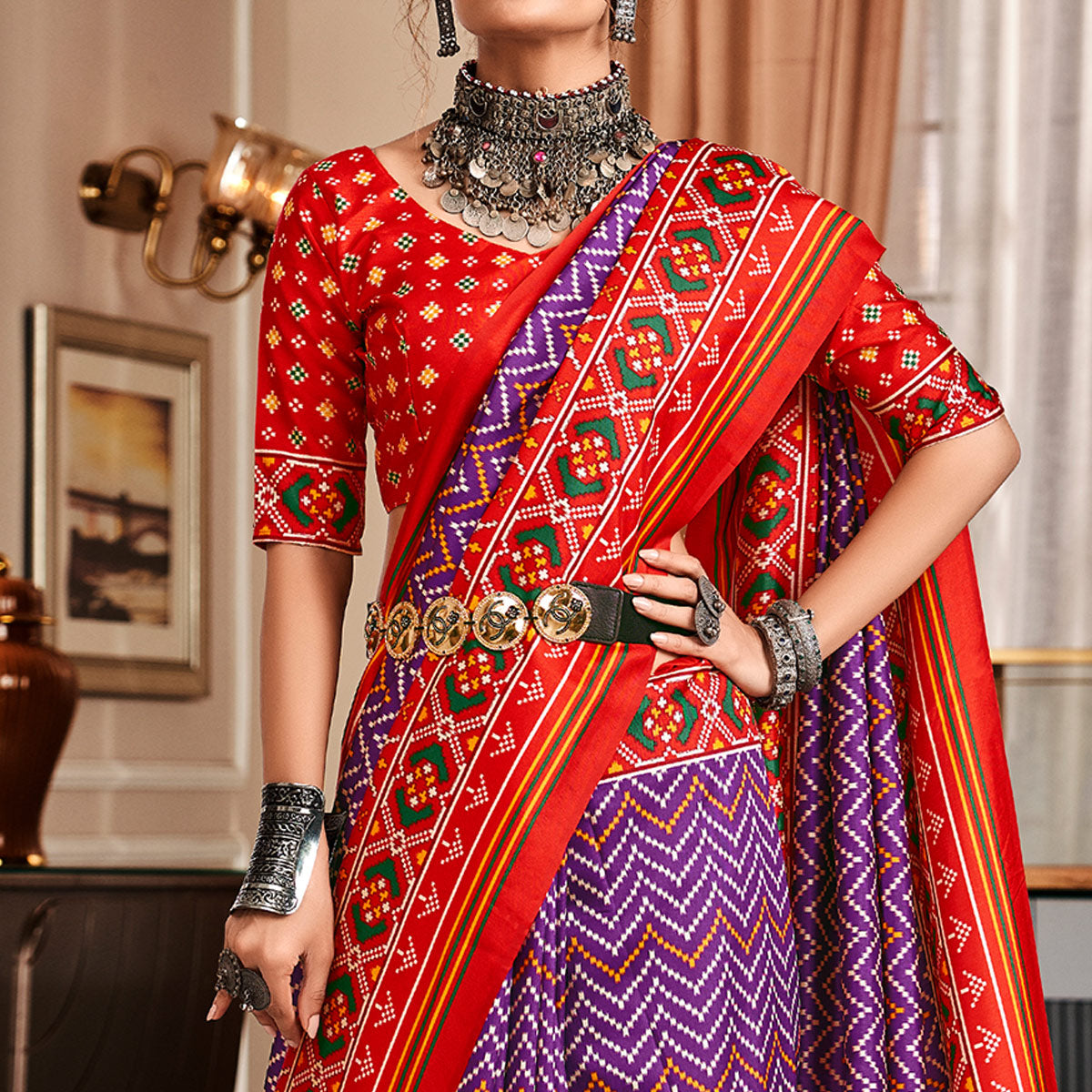 Purple & Red Patola Printed Tussar Silk Saree
