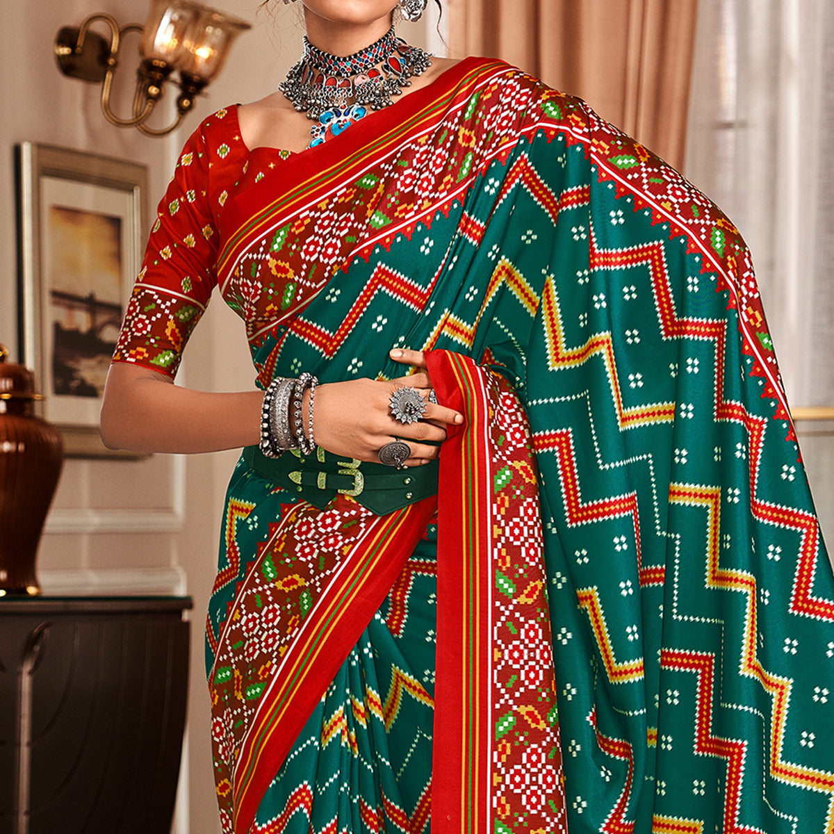 Rama Green & Red Patola Printed Tussar Silk Saree