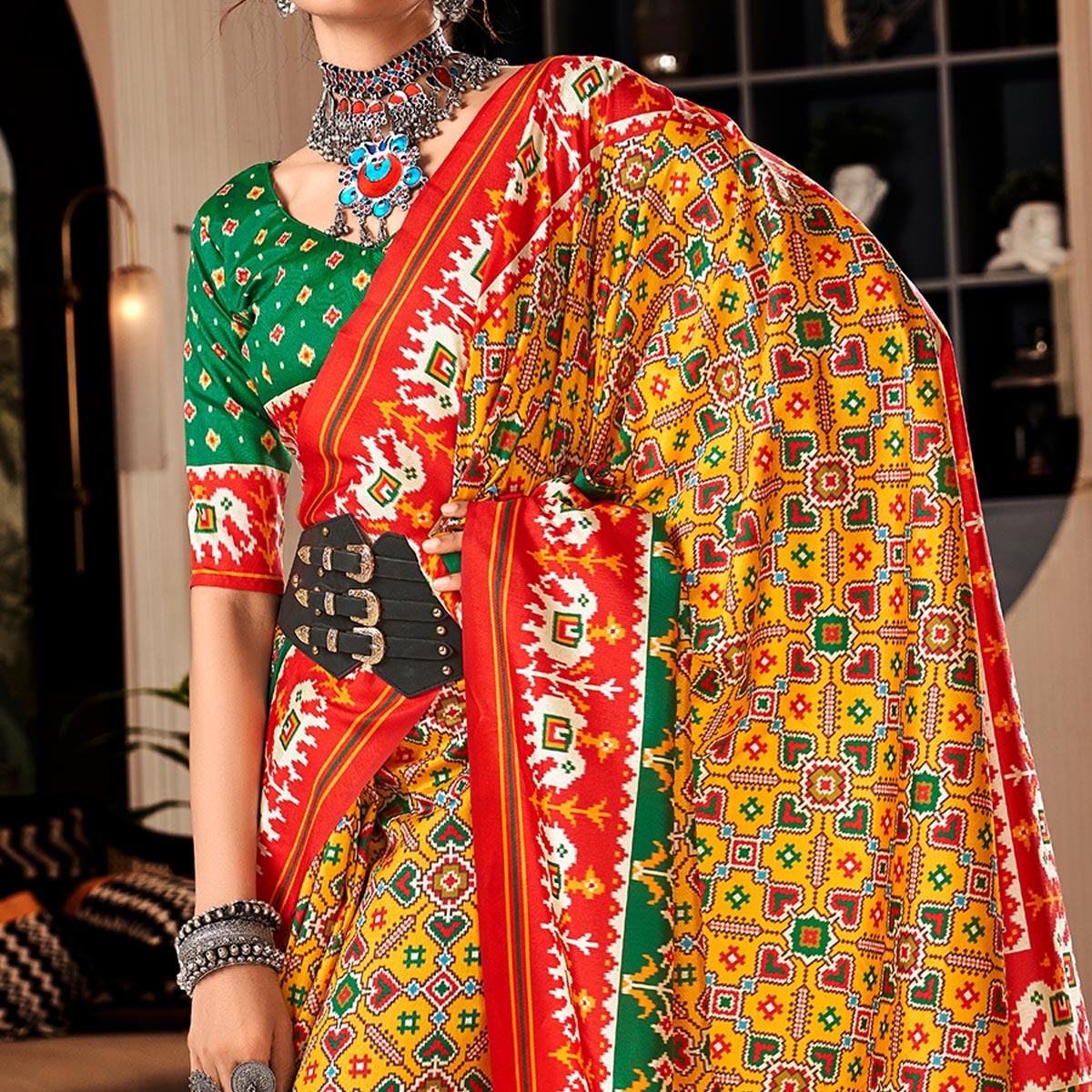 Yellow & Red Patola Printed Tussar Silk Saree