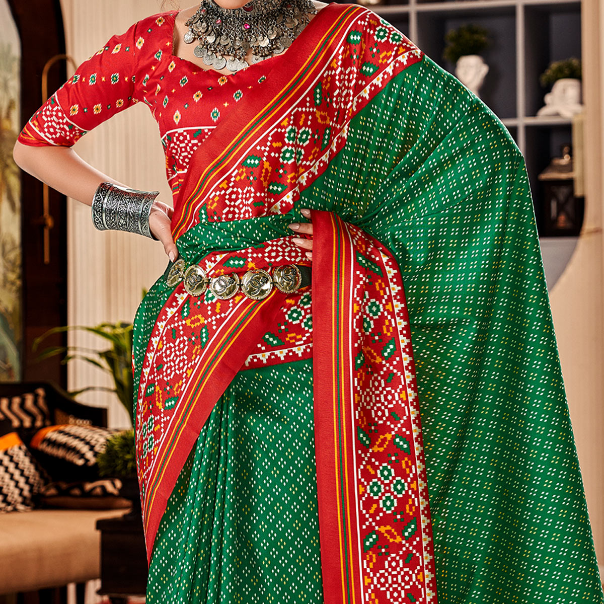 Green & Red Patola Printed Tussar Silk Saree