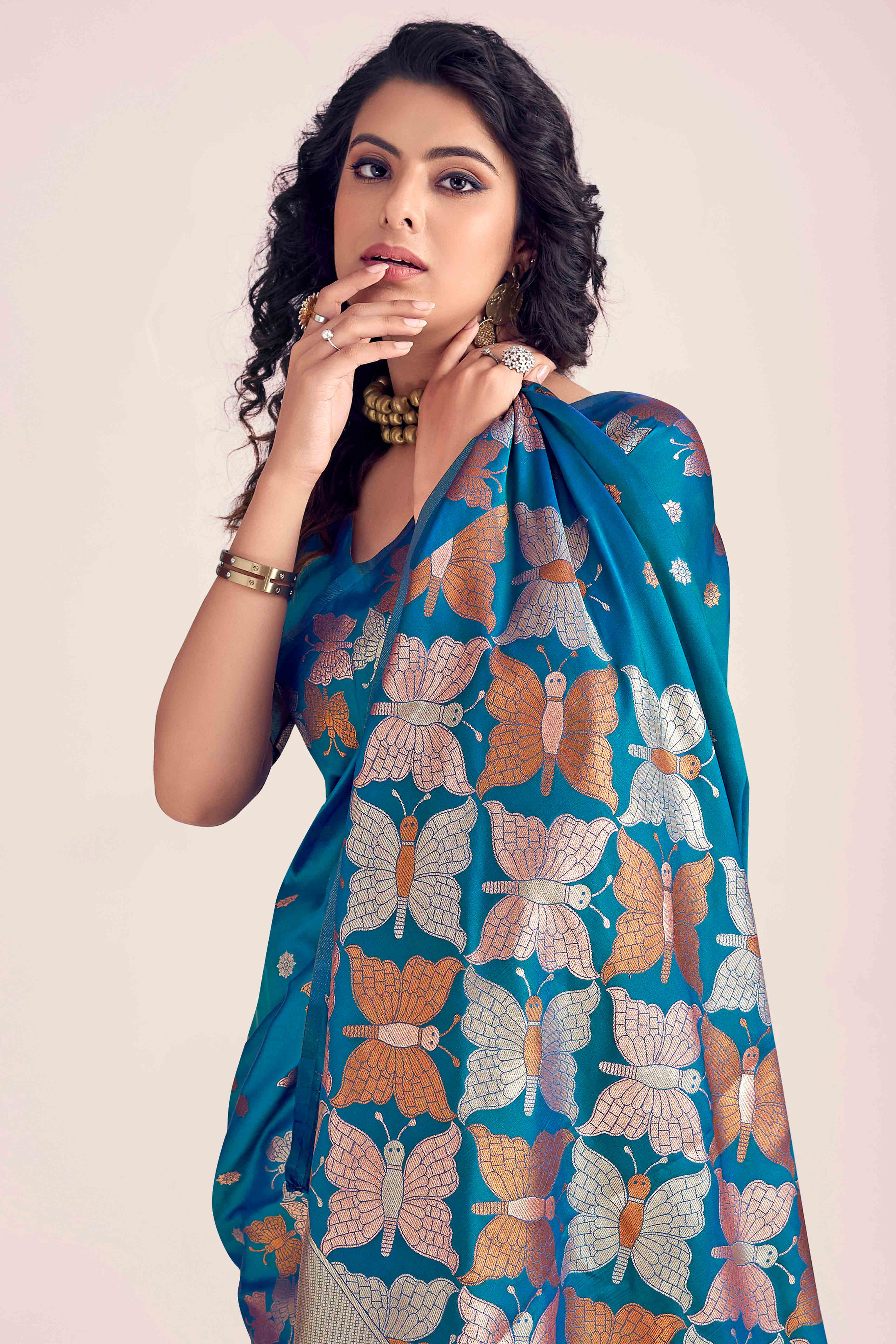 Morpich Blue Banarasi Silk Saree With Zari Woven Floral & Butterfly Motifs