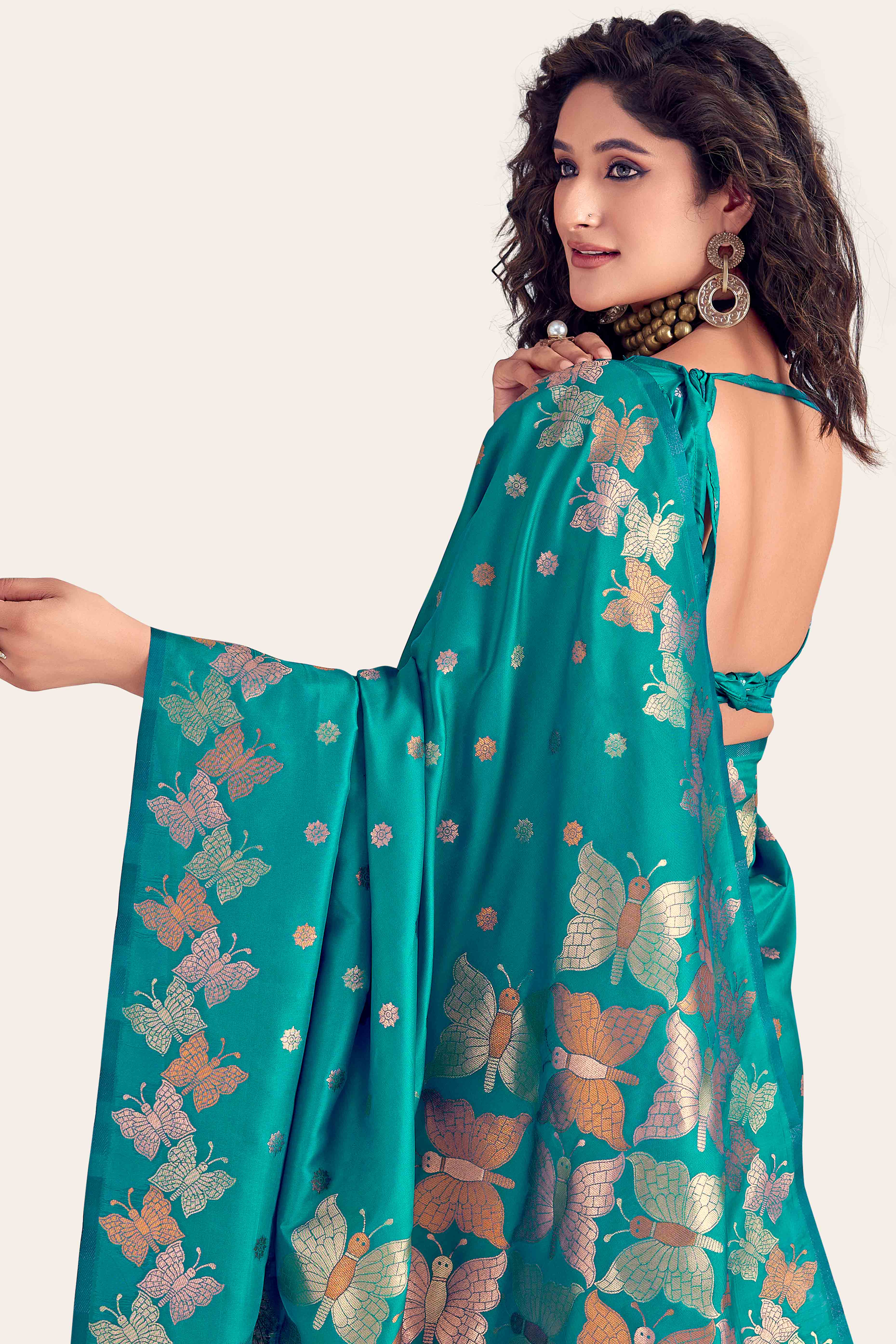 Rama Blue Banarasi Silk Saree With Zari Woven Floral & Butterfly Motifs