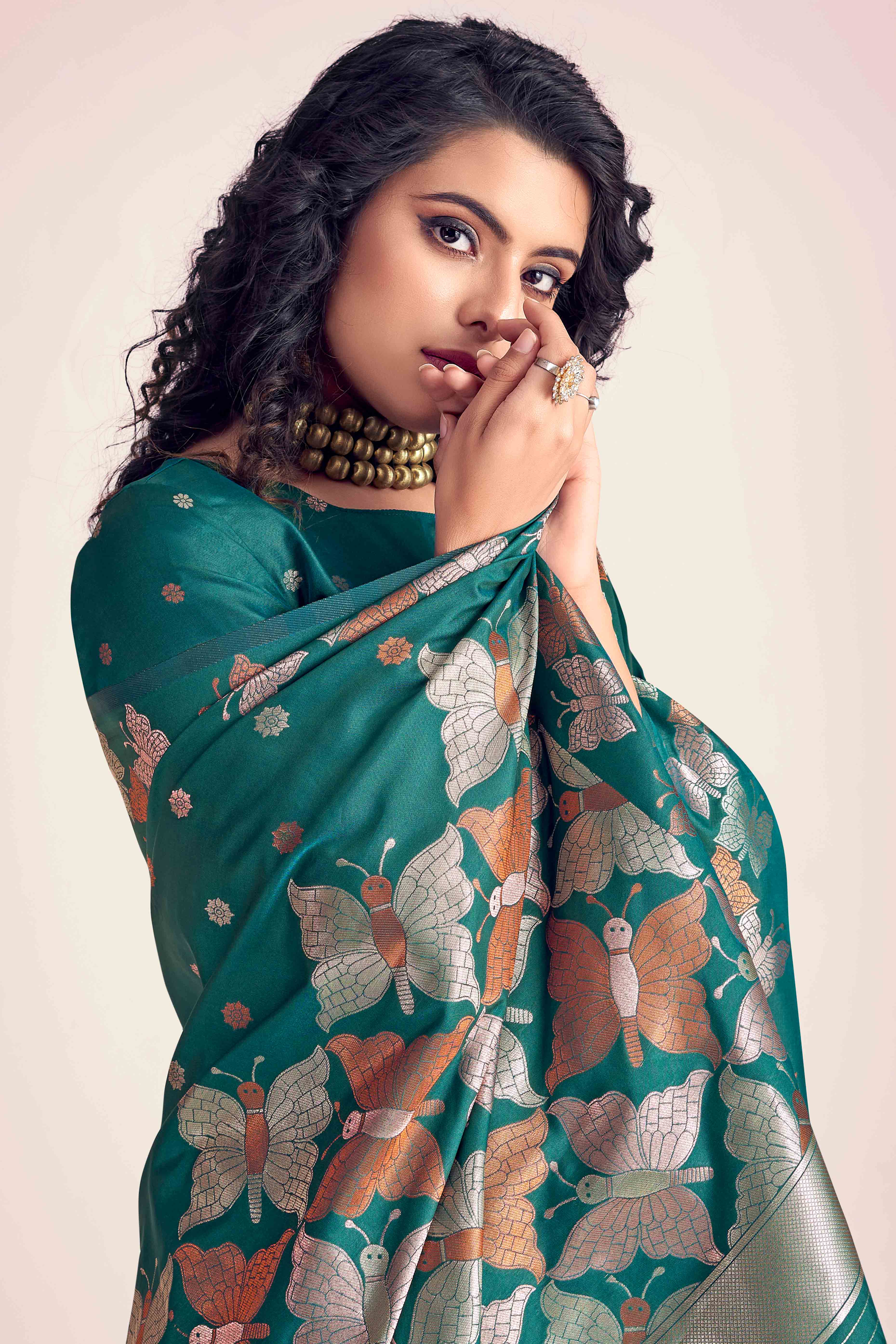 Teal Banarasi Silk Saree With Zari Woven Floral & Butterfly Motifs