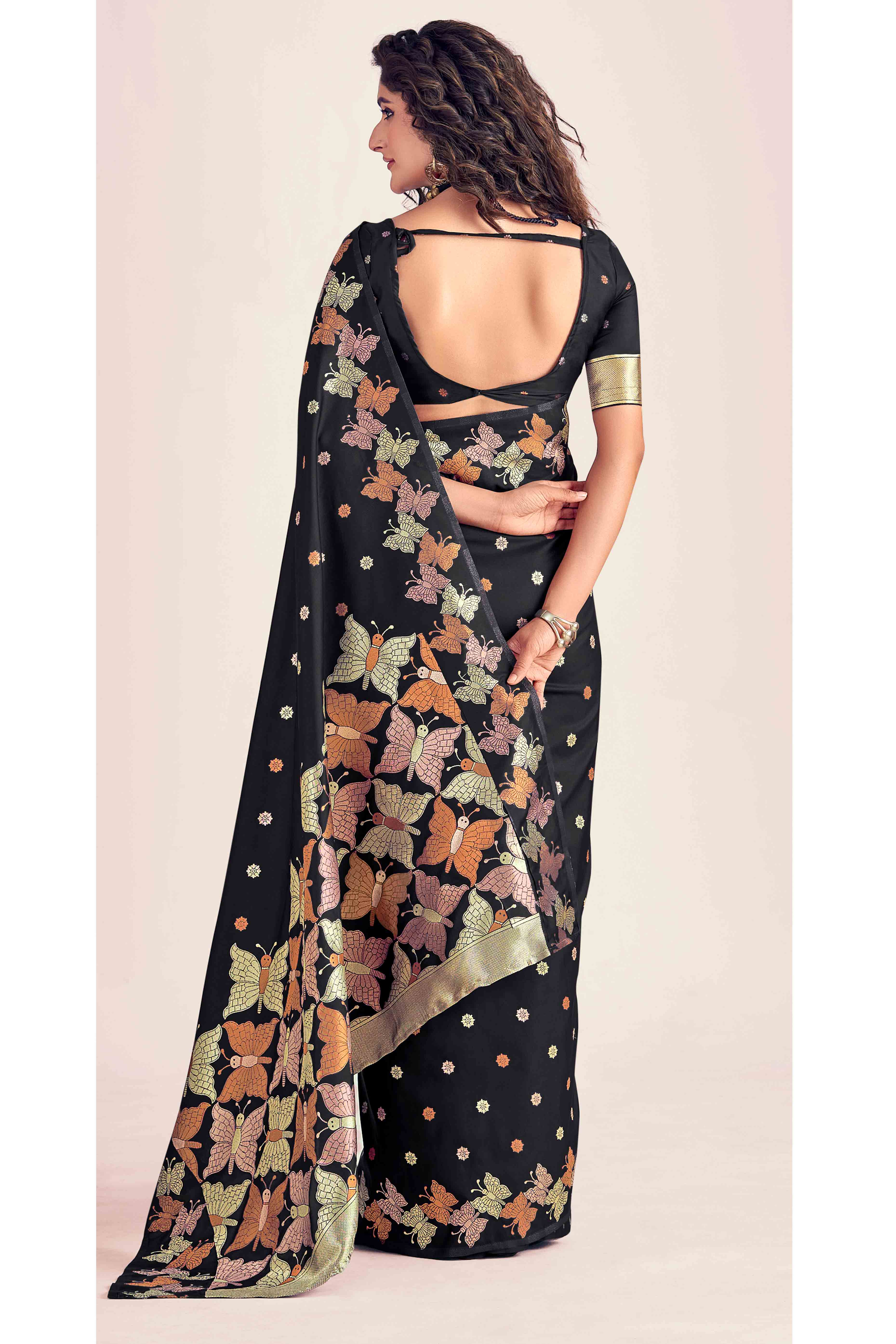 Black Banarasi Silk Saree With Zari Woven Floral & Butterfly Motifs