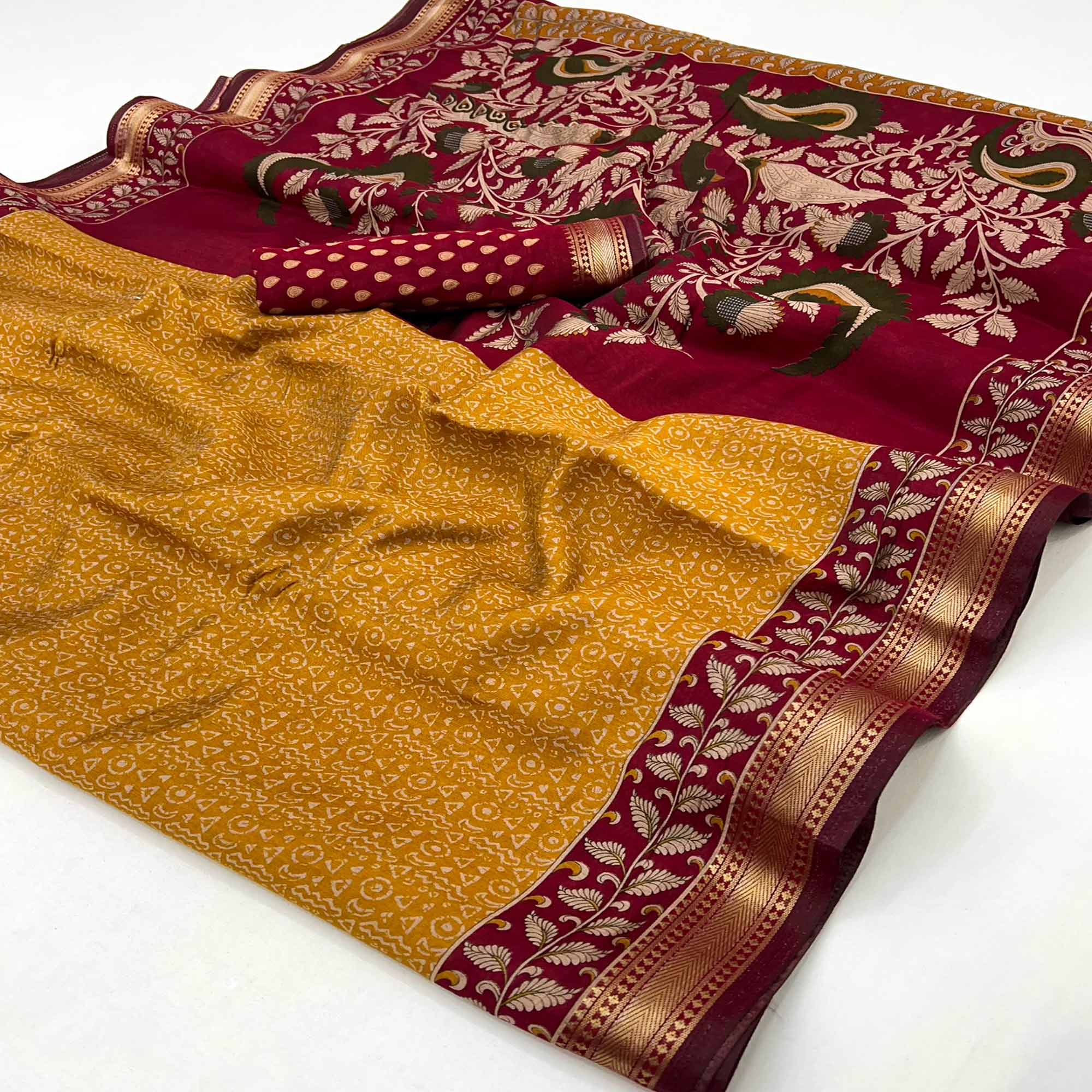 Pure Mulmul Cotton Saree in Mustard with Heritage Block Prints and Zari Detailing