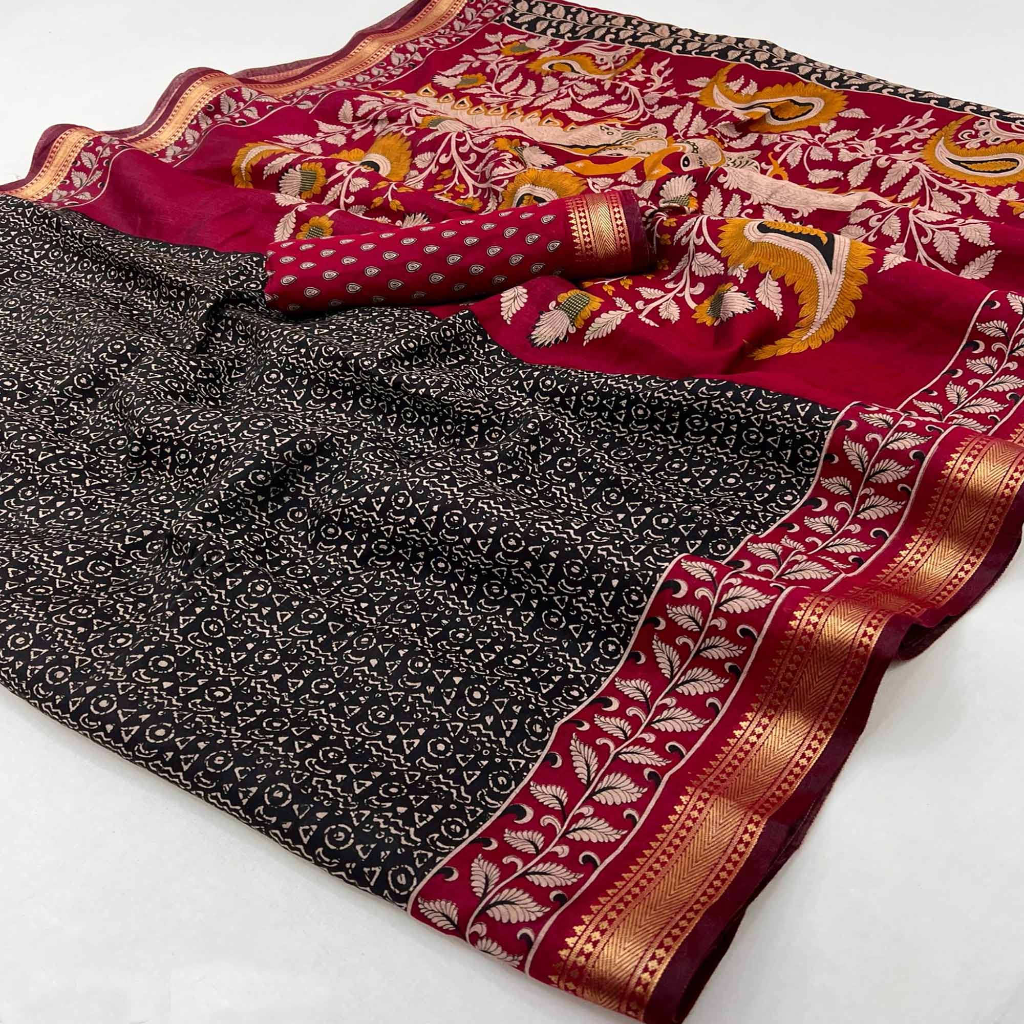 Pure Mulmul Cotton Saree in Black with Heritage Block Prints and Zari Detailing