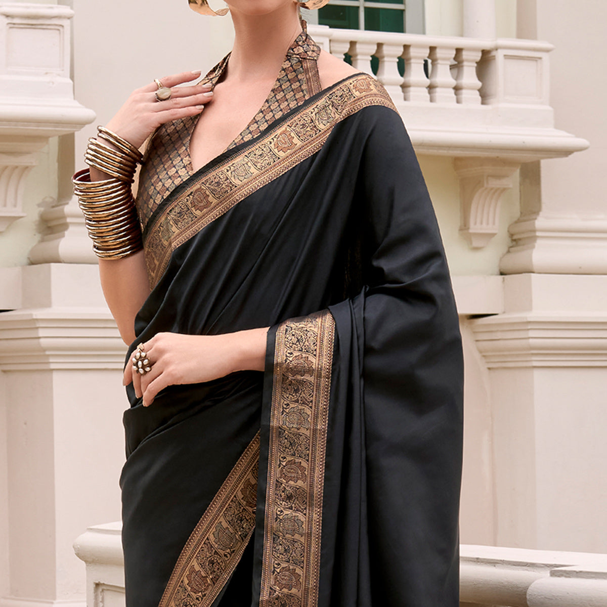 Black Woven Banarasi Silk Saree With Zari Border