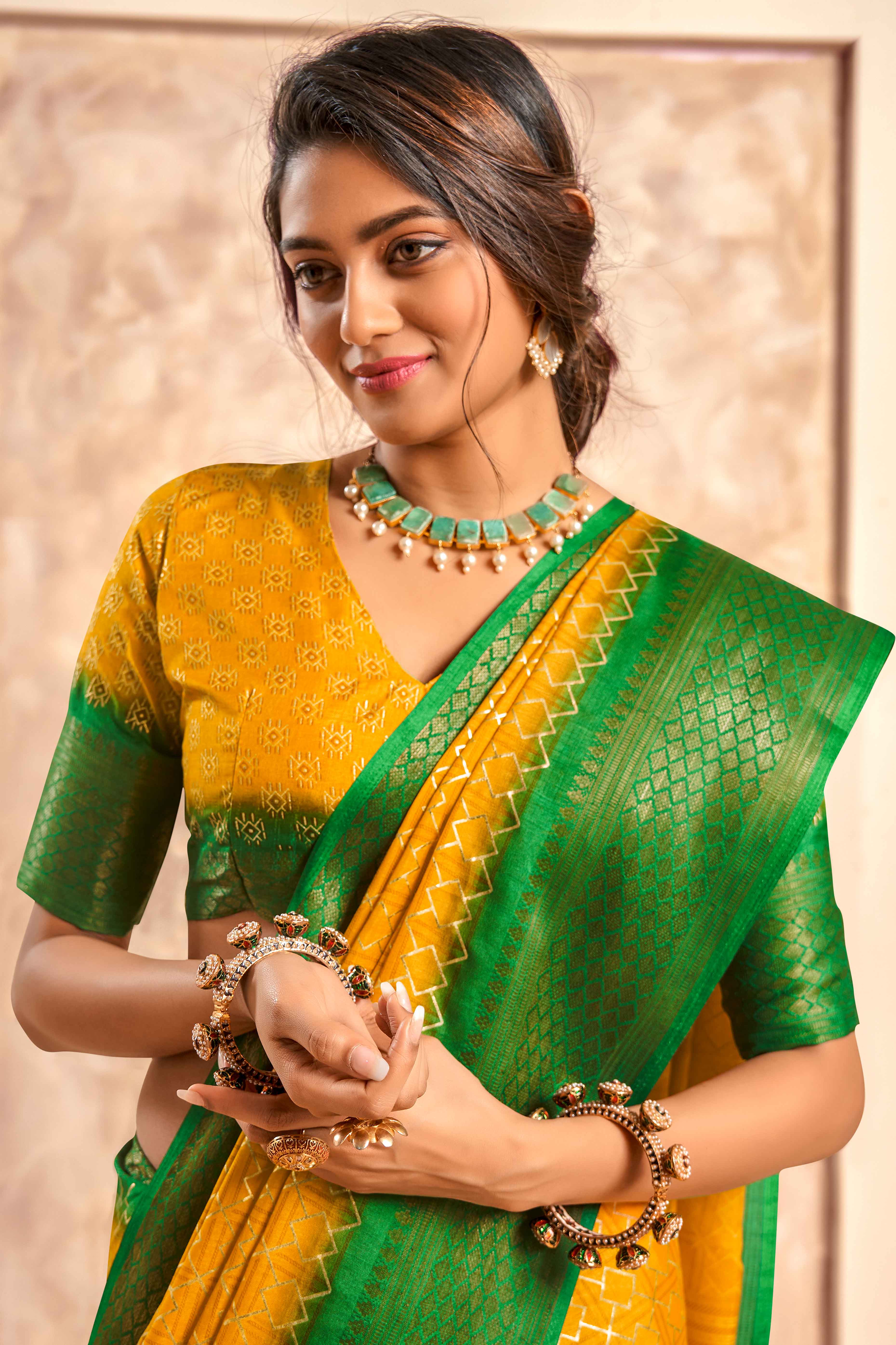 Mustard Geometric Foil Printed Dola Silk Saree With Woven Border