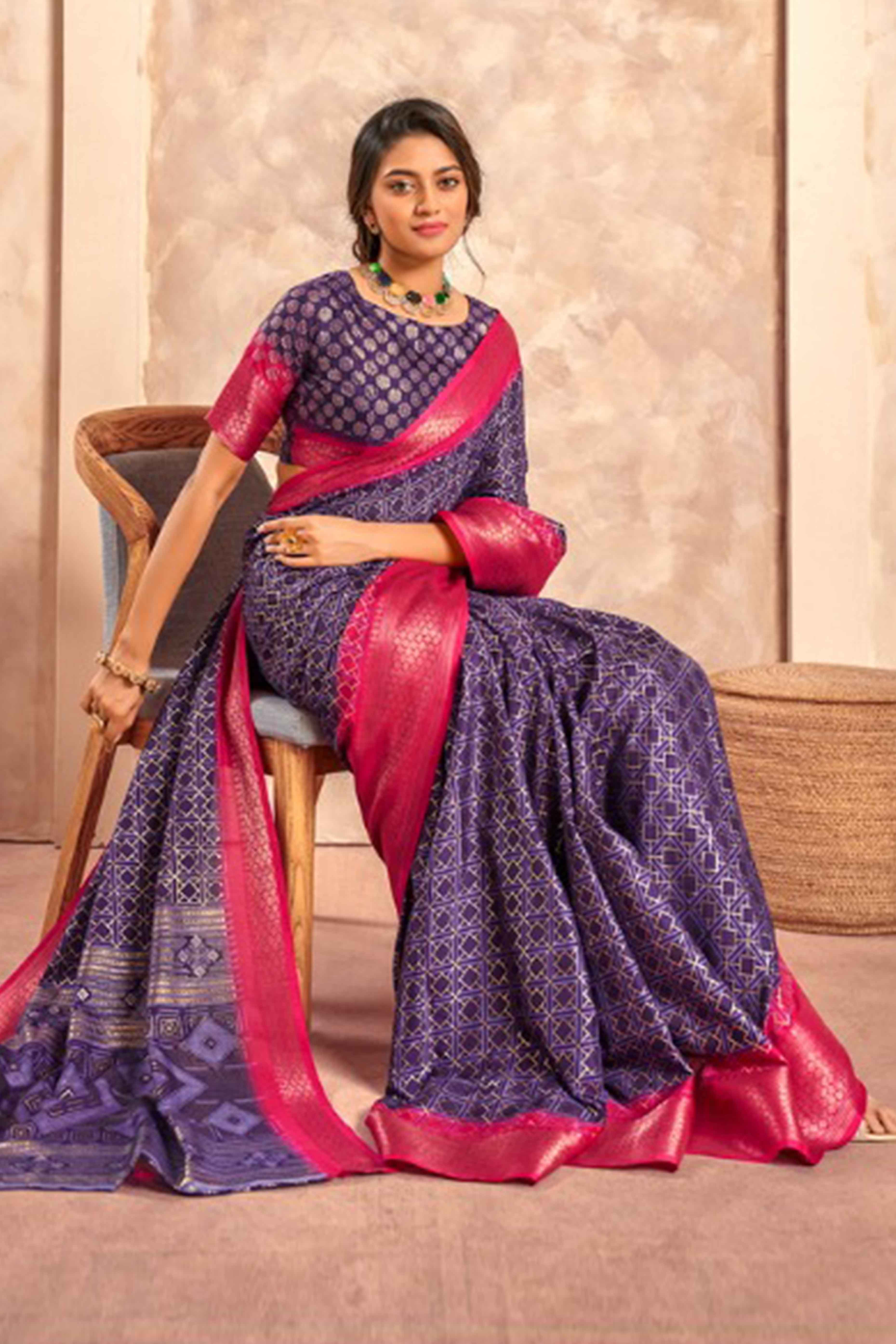 Violet Geometric Foil Printed Dola Silk Saree With Woven Border