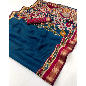 Teal Soft Mul Cotton Saree with Kalamkari Pallu & Zari border