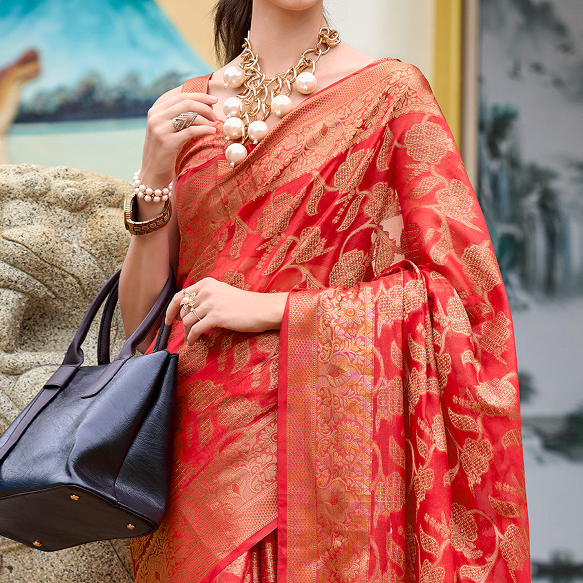 Red Floral Motifs Woven Organza Saree