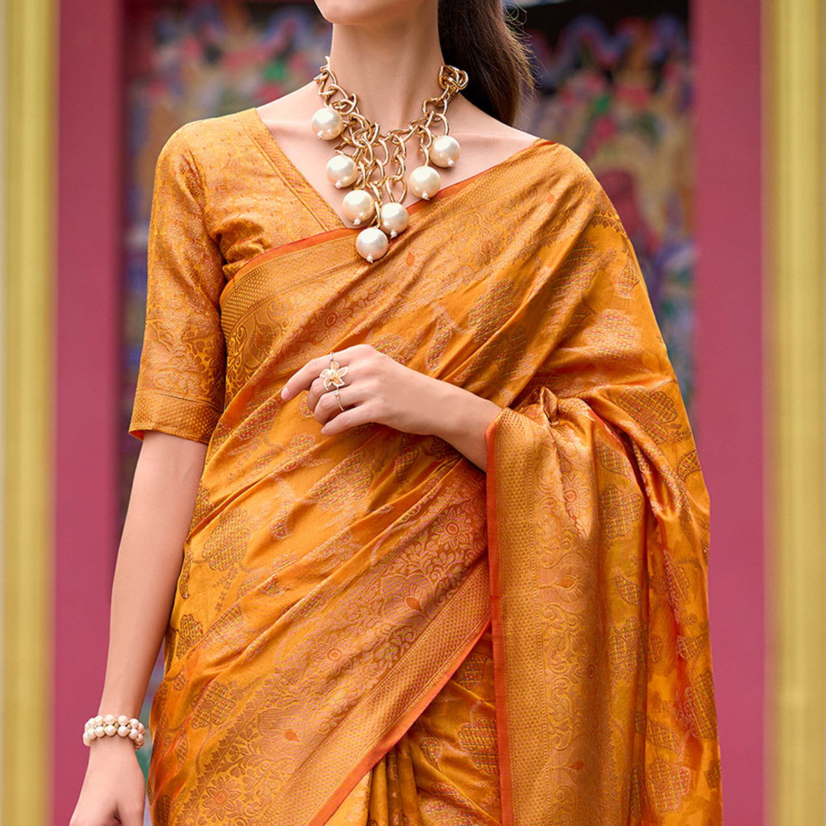 Warm Orange Floral Motifs Woven Organza Saree