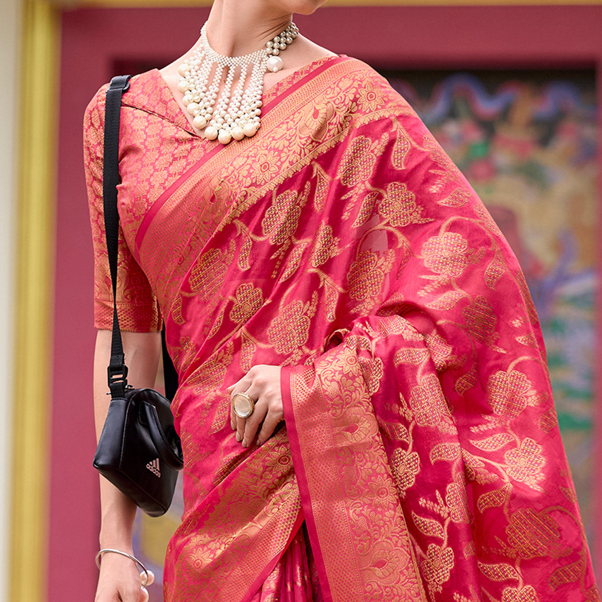 Pink Floral Motifs Woven Organza Saree