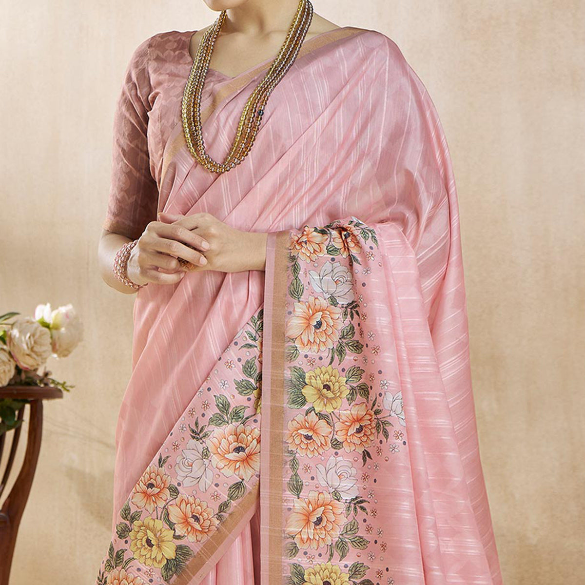 Pink Floral Digital Printed Pure Silk Saree