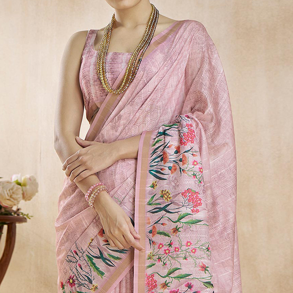 Onion Pink Floral Digital Printed Pure Silk Saree