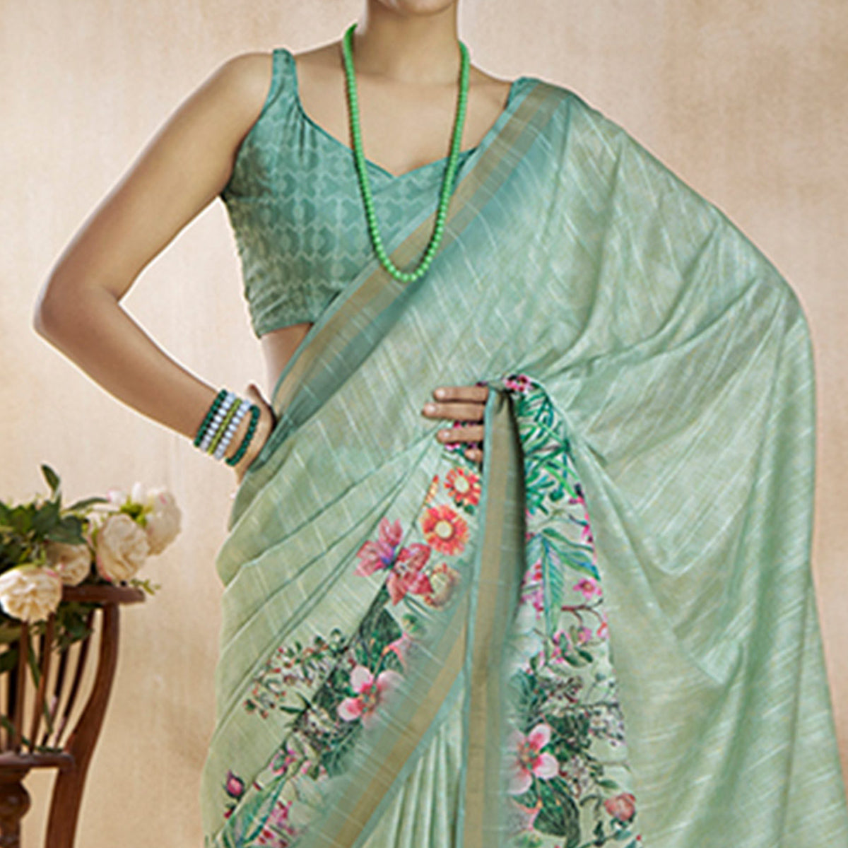 Sea Green Floral Digital Printed Pure Silk Saree