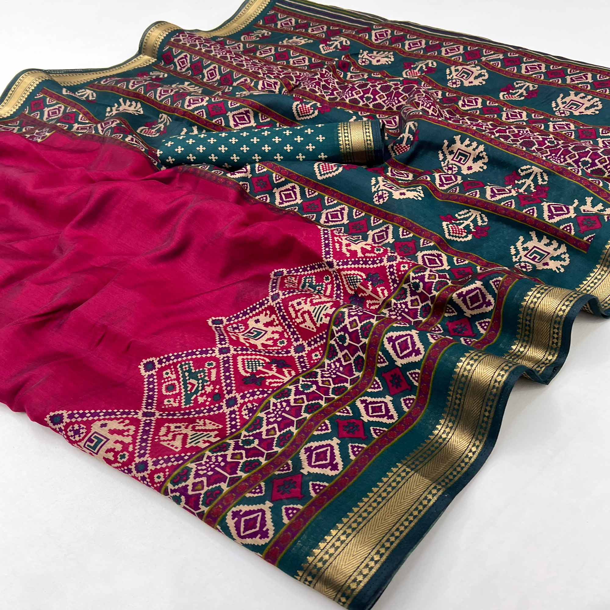 Pink Patola Print Saree in Featherlight Mulmul Cotton with Zari Border