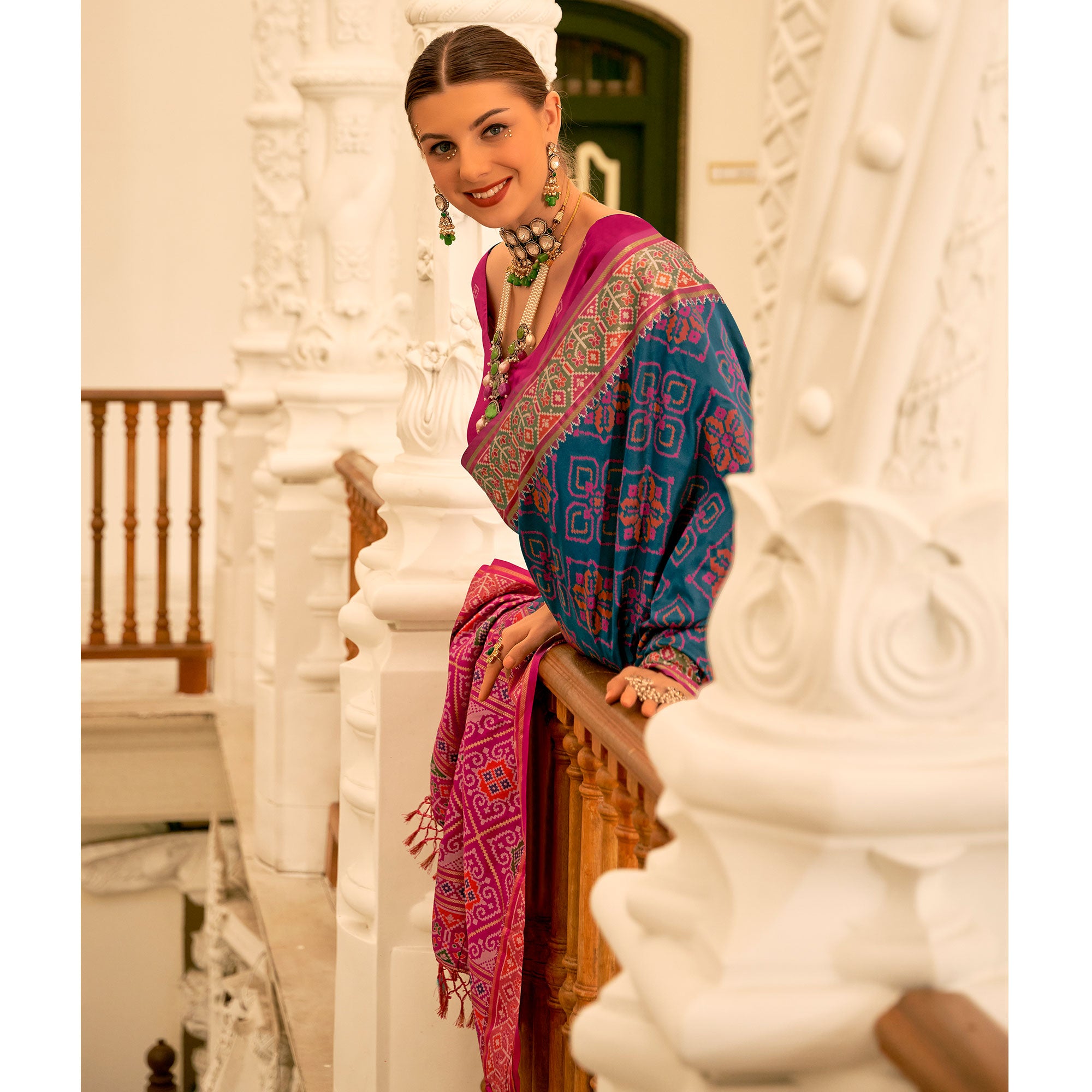 Blue Patola Printed Banarasi Silk Saree With Tassels