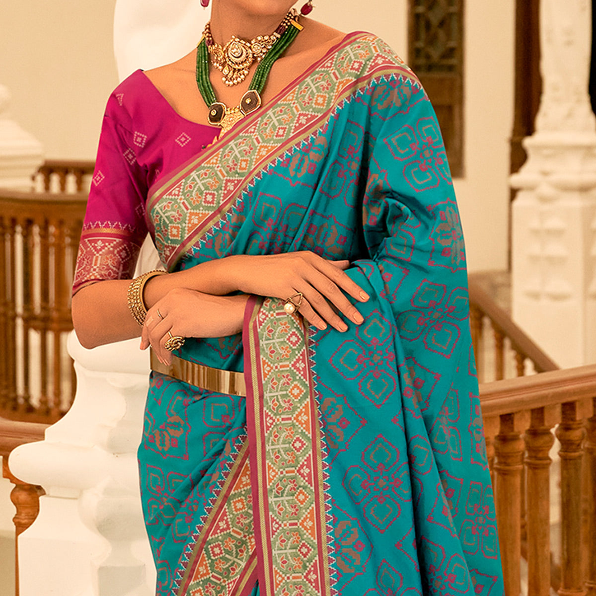 Rama Blue Patola Printed Banarasi Silk Saree With Tassels