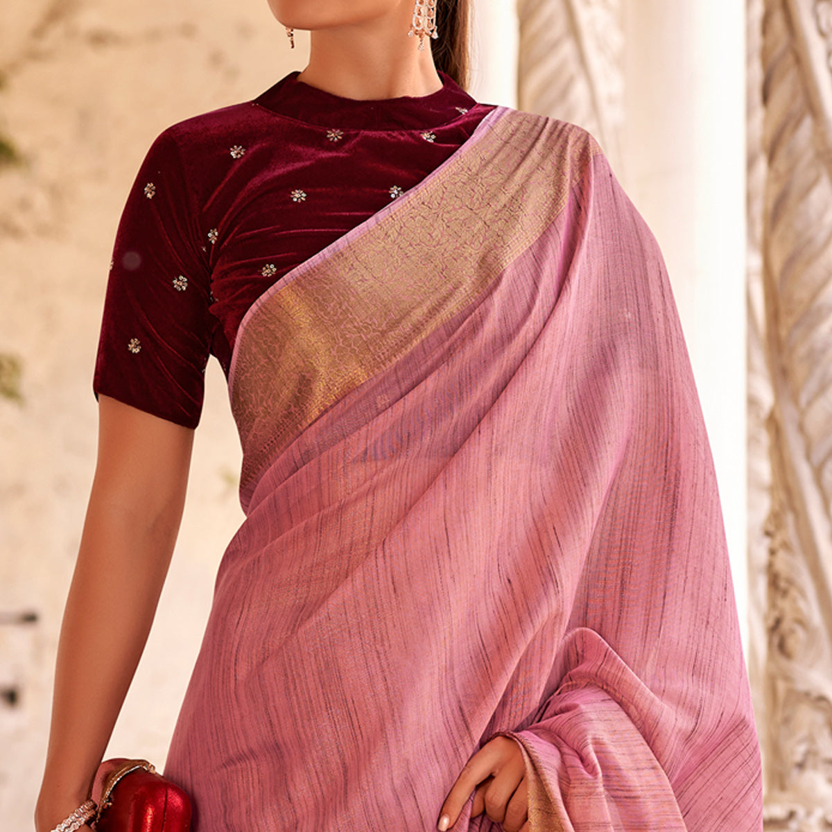 Pink Woven Tissue Saree