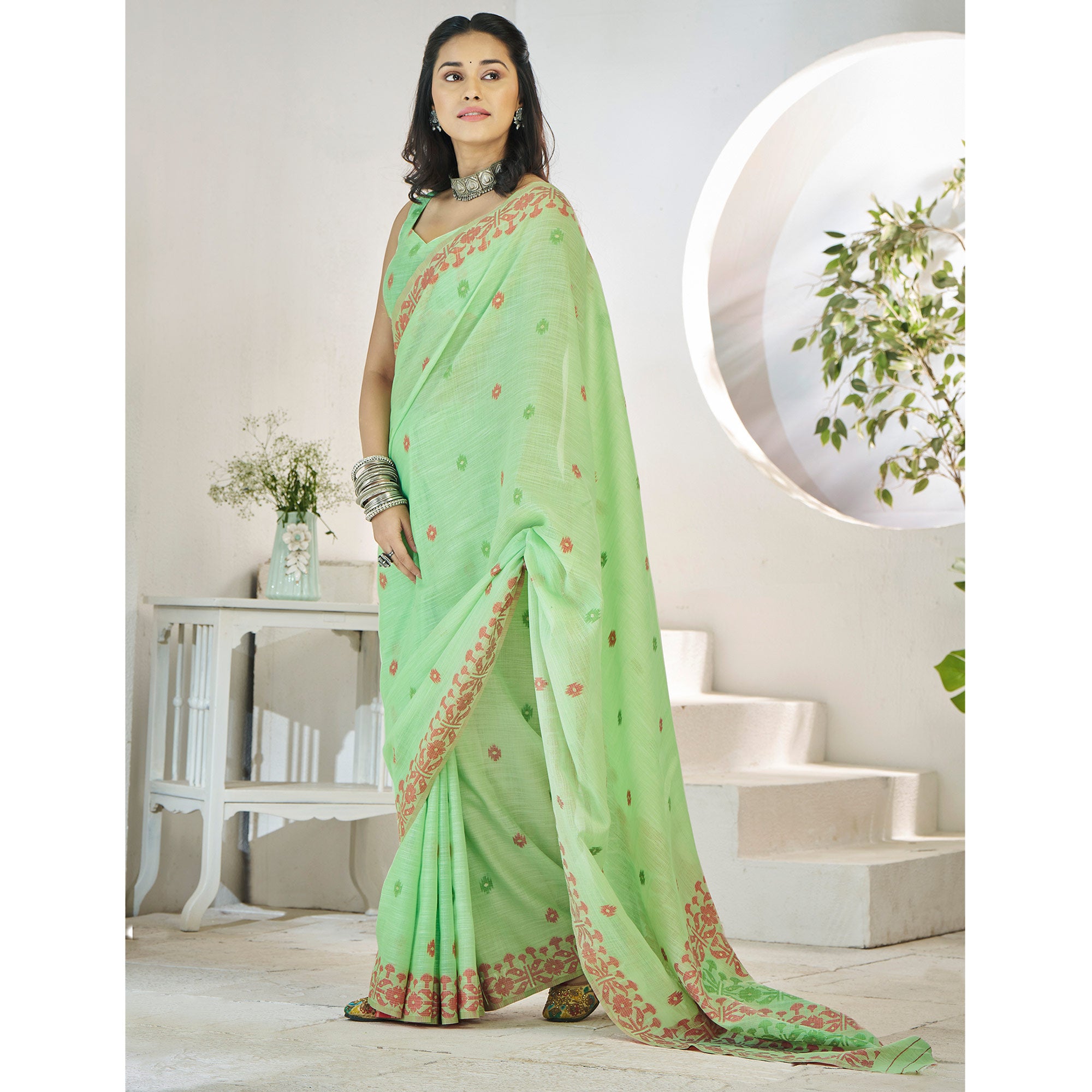 Green Floral Woven Cotton Silk Saree