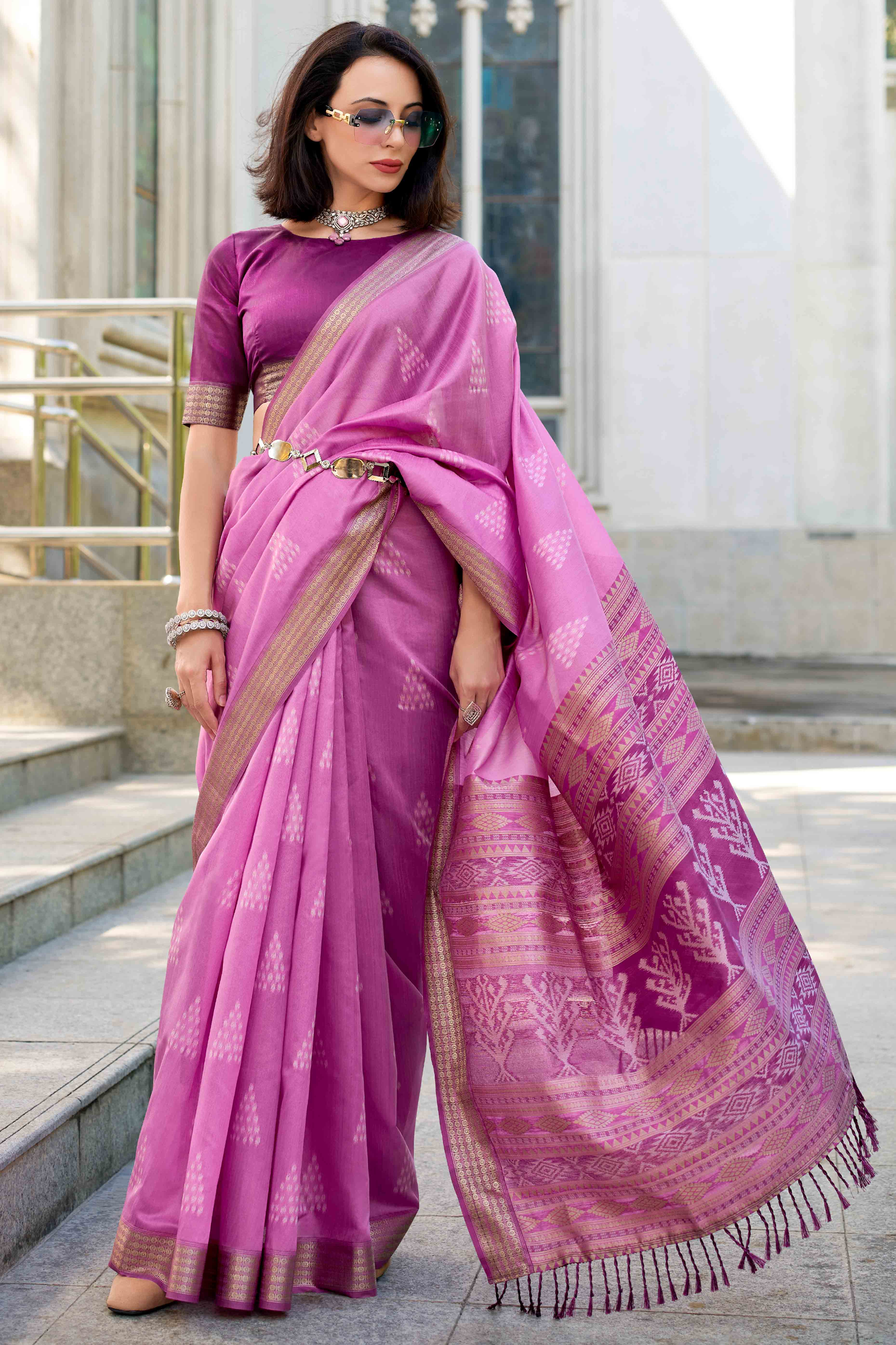 Purple Ikkat Woven Rayon Silk Saree