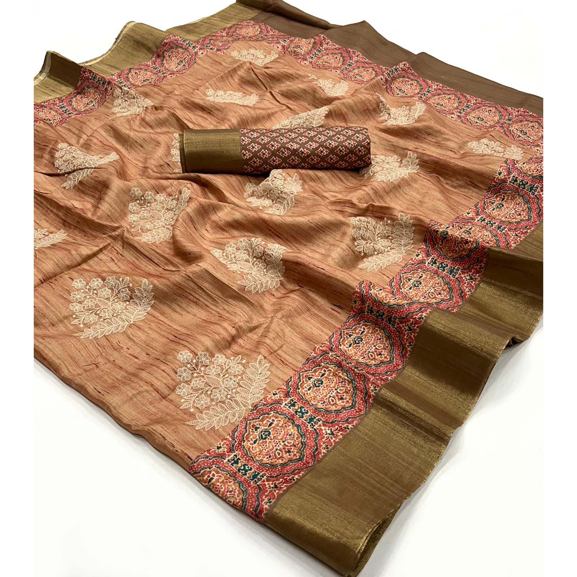 Embroidered Floral Brown Khaadi Saree with Ethnic Weaving Border
