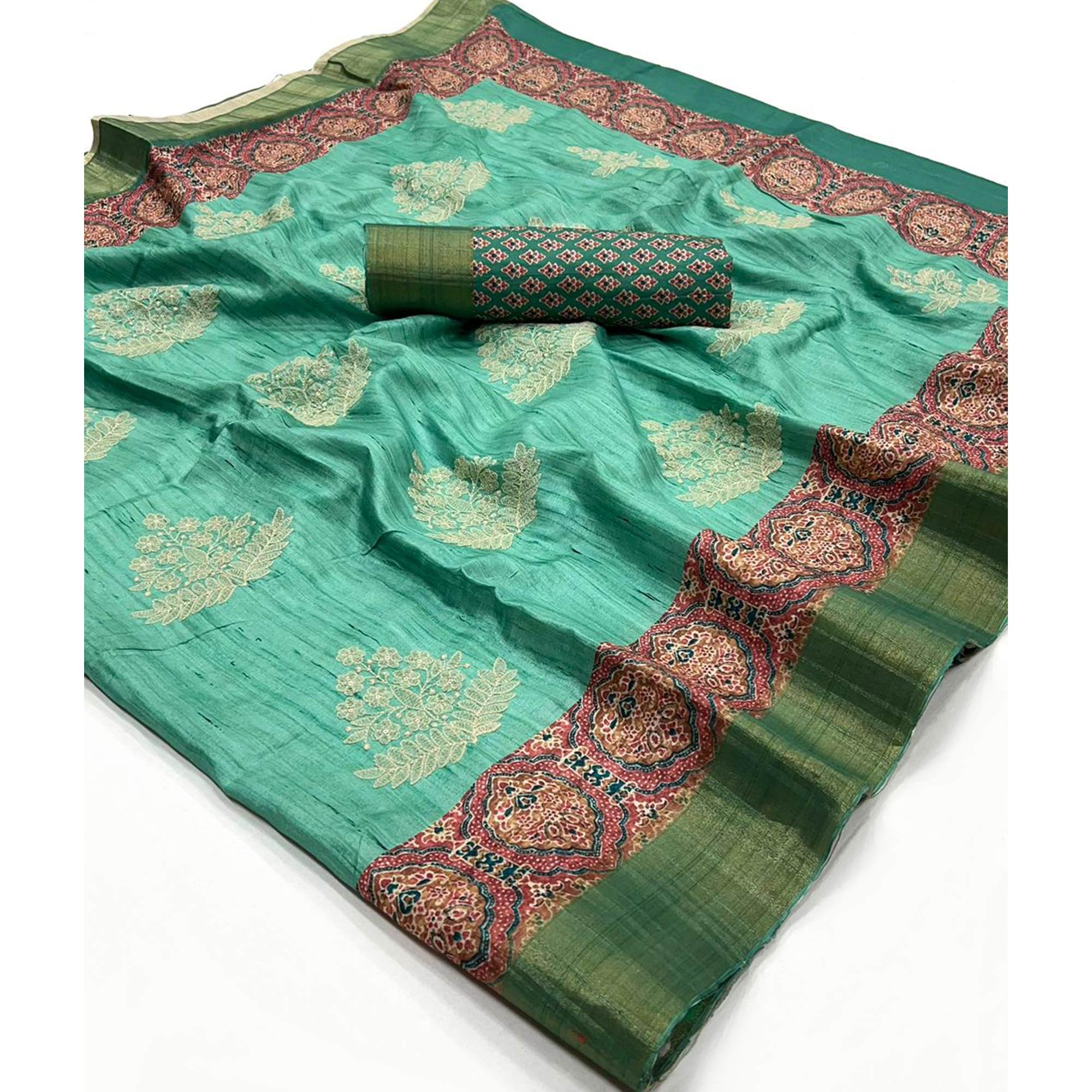 Embroidered Floral Sea Green Khaadi Saree with Ethnic Weaving Border