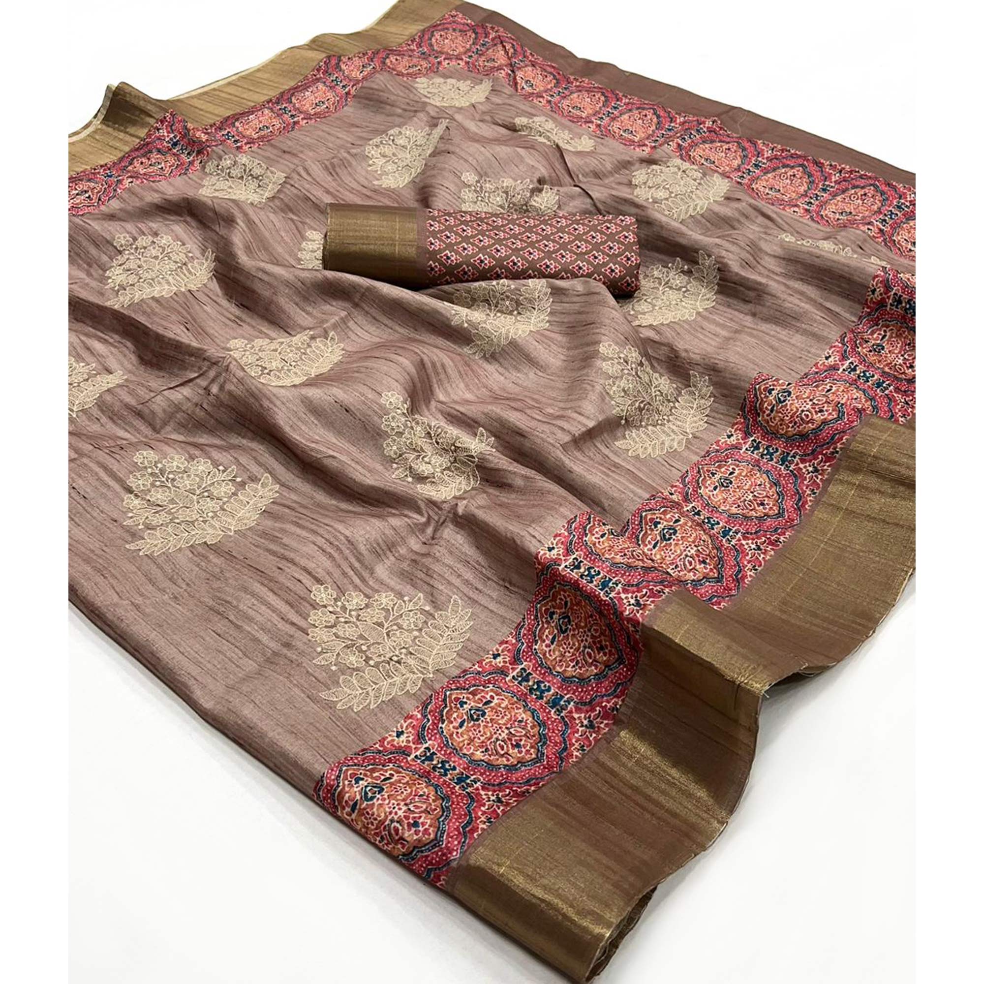 Embroidered Floral Beige Khaadi Saree with Ethnic Weaving Border
