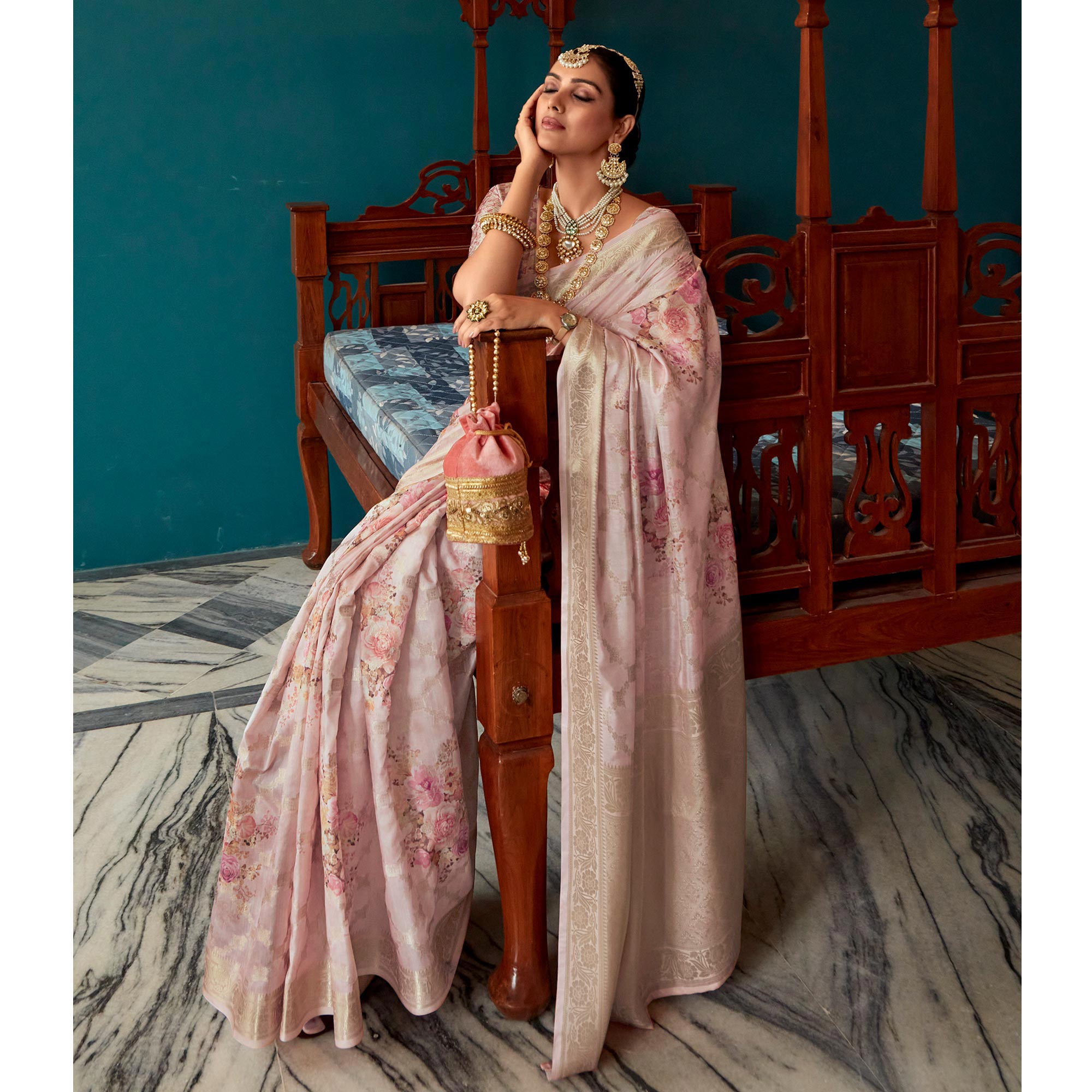 Pink Floral Digital Printed Muslin Saree