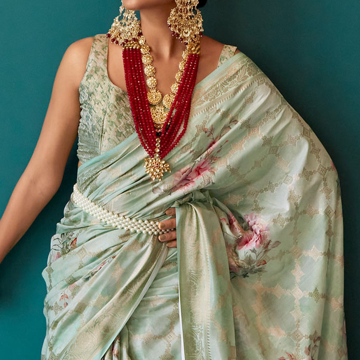 Green Floral Digital Printed Muslin Saree