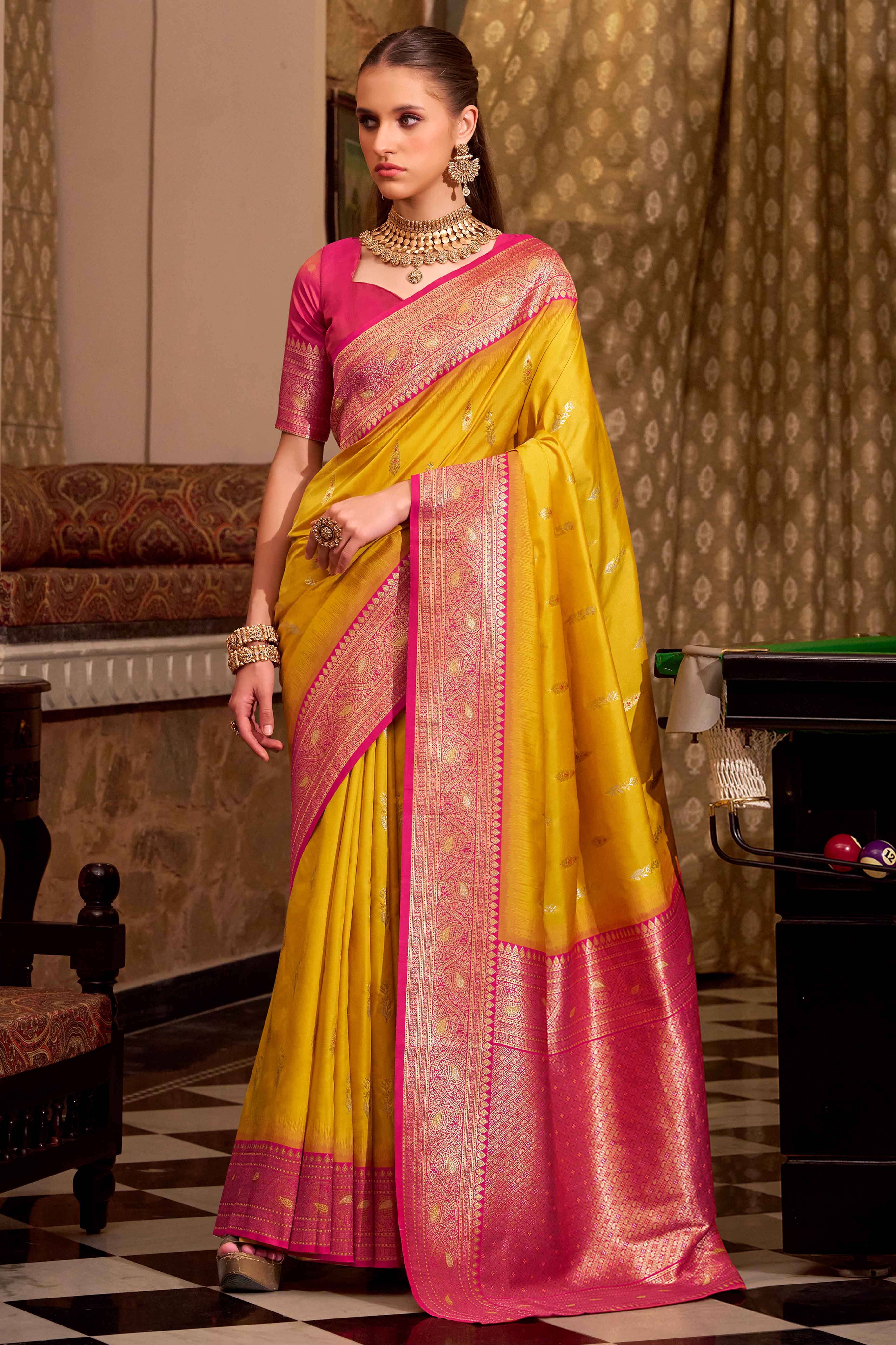 Mustard Pure Silk Saree With Intricate Floral Zari Weaving Work