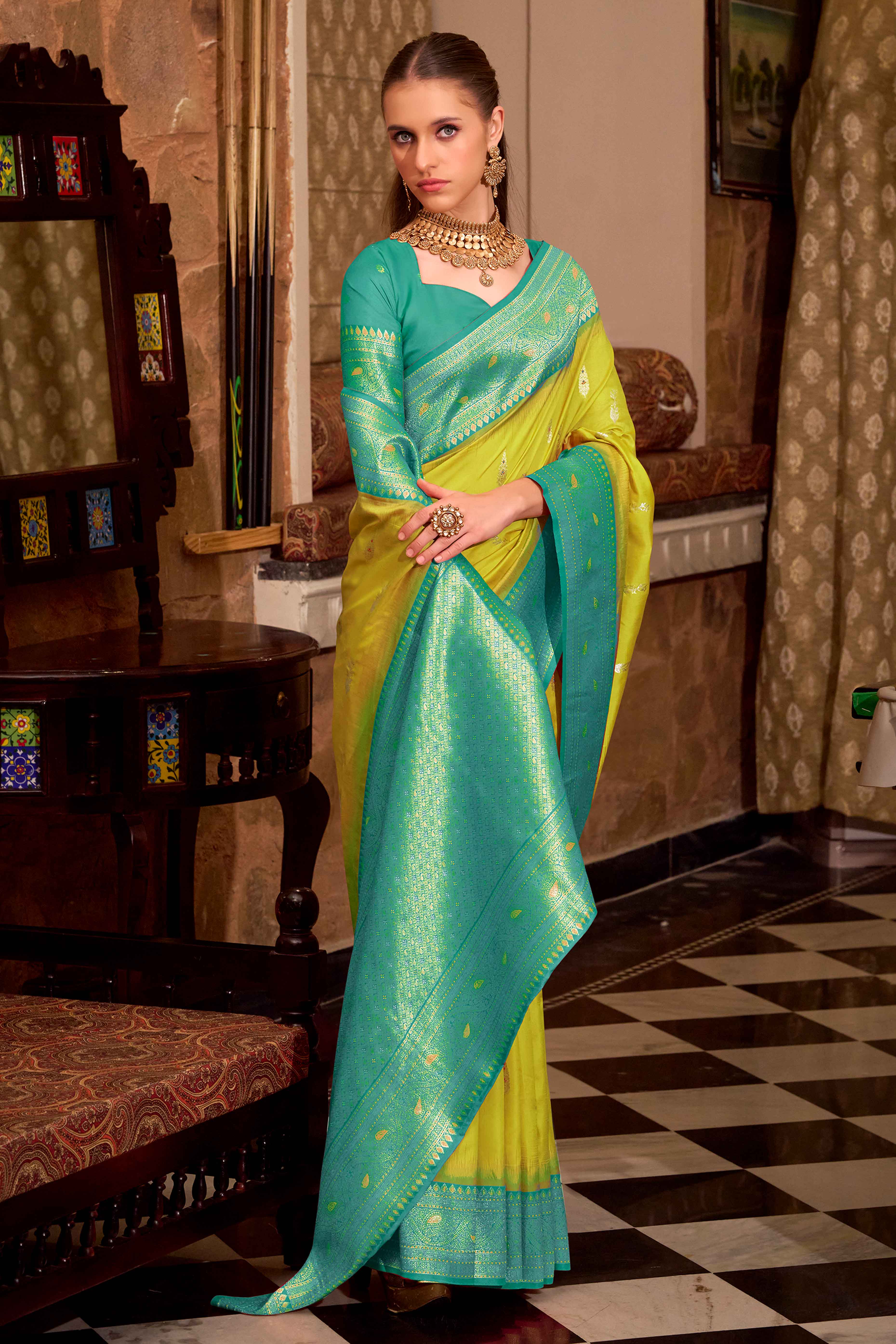 Lime Yellow Pure Silk Saree With Intricate Floral Zari Weaving Work