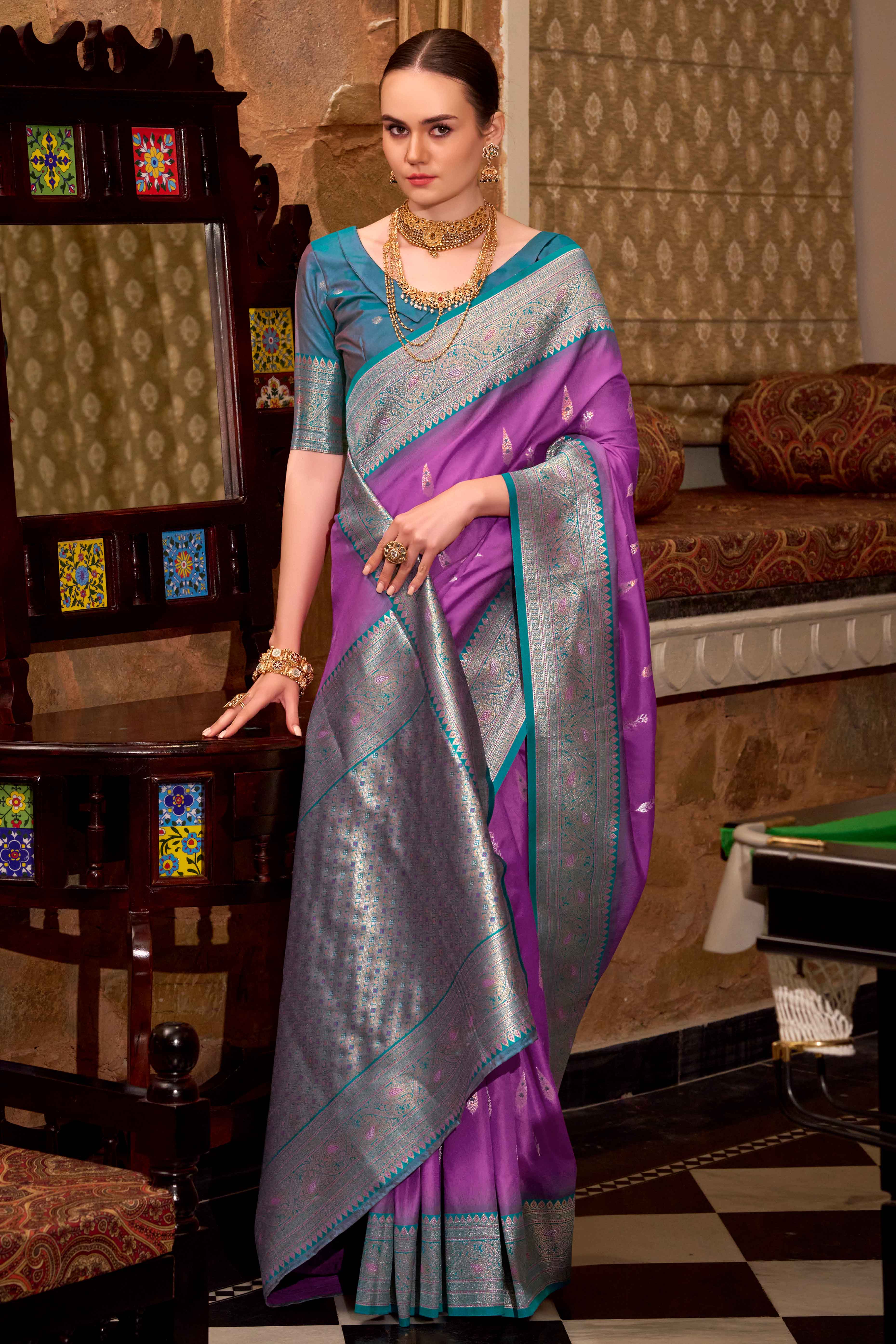 Purple Pure Silk Saree With Intricate Floral Zari Weaving Work